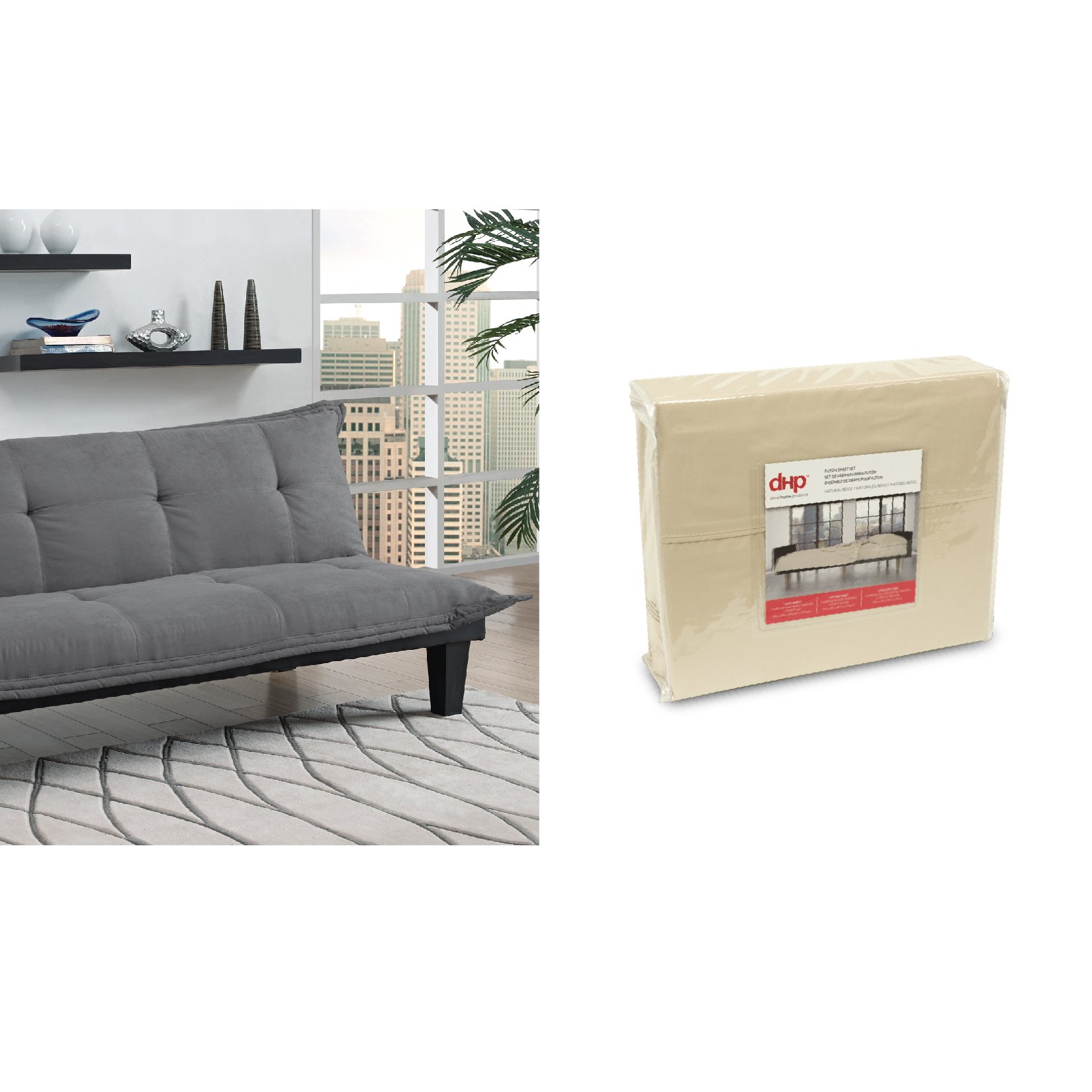 DHP Lodge Convertible Futon Couch Bed with Removable Beige Futon Cover - Gray Modern Sofa Sleeper for Small Spaces, Guest Room & Studio Apartments
