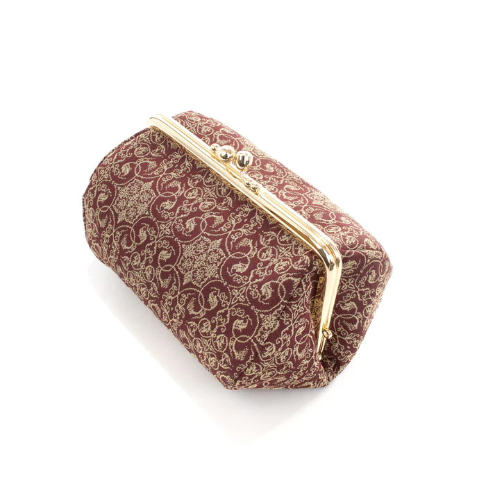 Handmade Kyoto Nishijin Silk Small Pouch - Grapevine Brown Japanese Gamaguchi Bag | Cosmetic & Makeup Organizer | Travel Toiletry & Stationery Pouch | Bag-in-Bag Organizer for Women's Purse, Gift Idea for Her