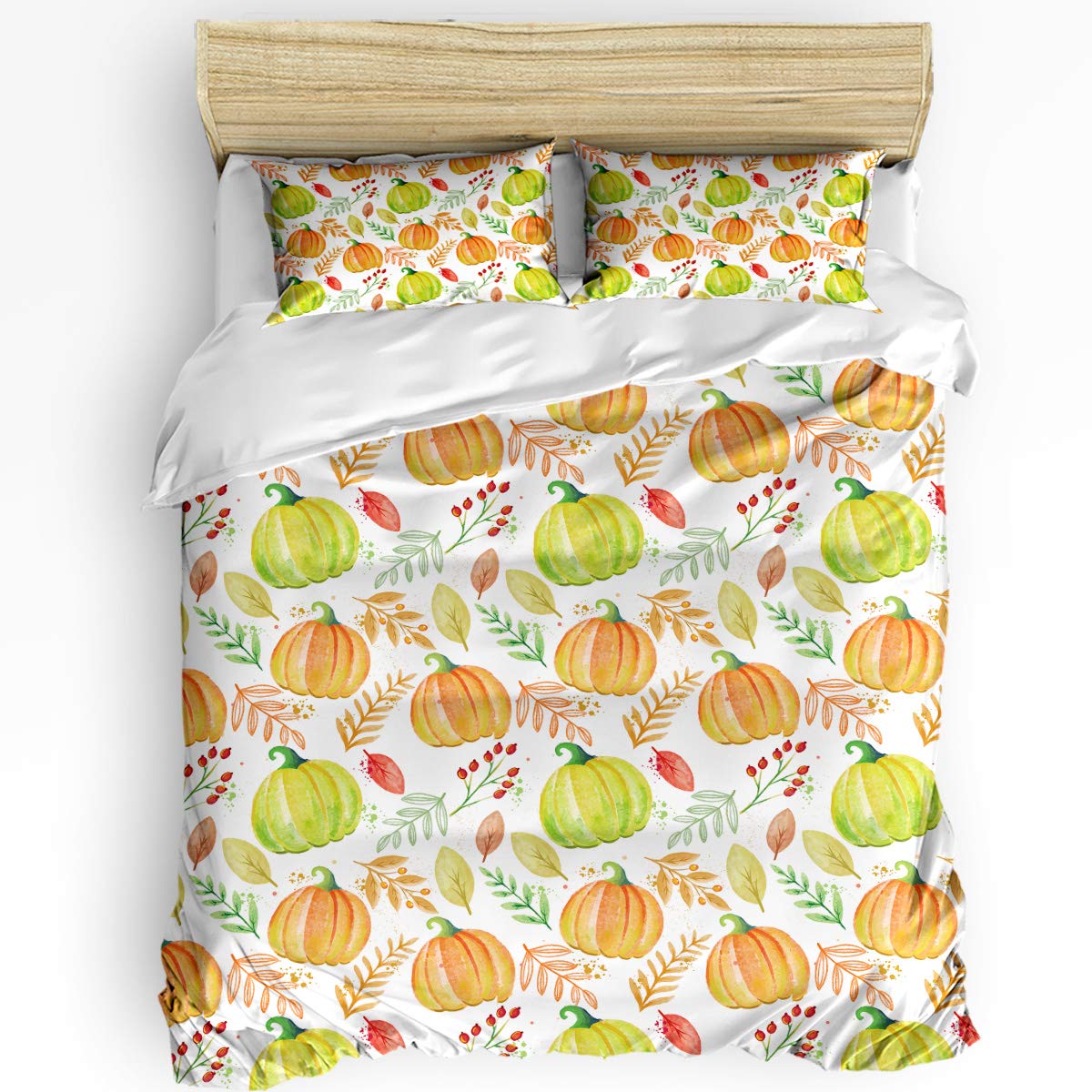 Thanksgiving 3-Piece King Size Duvet Cover Set - Autumn Leaves Pumpkin Watercolor Luxury Bedding with Comforter & 2 Pillowcases for Kids, Adults, Teens | Cozy Fall Bedroom Decor for Thanksgiving Gatherings & Seasonal Home Styling