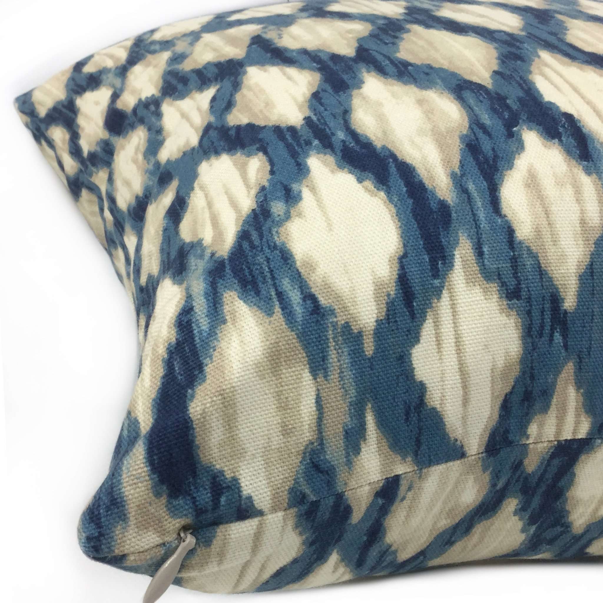 Meera Blue Beige Ikat Trellis Cotton Print Pillow Cover - Decorative Throw Pillow Case for Sofa, Bed, Couch - Home Decor Accent for Living Room & Bedroom