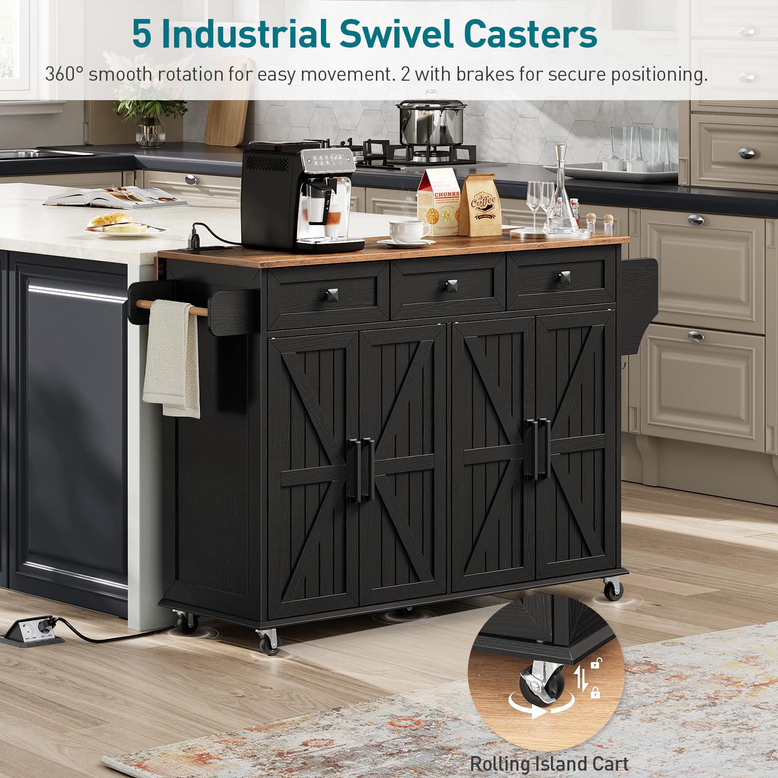 **Black & Rustic Brown Kitchen Island Cart with Drop Leaf, 3 Drawers, Towel Rack, Spice Rack & USB Charging Station – Mobile Storage Table for Small Spaces, Breakfast Bar & Kitchen Organization**    *(Use Cases: Perfect for small kitchens, meal prep, extra counter space, breakfast nook, or as a portable serving cart for entertaining.)*