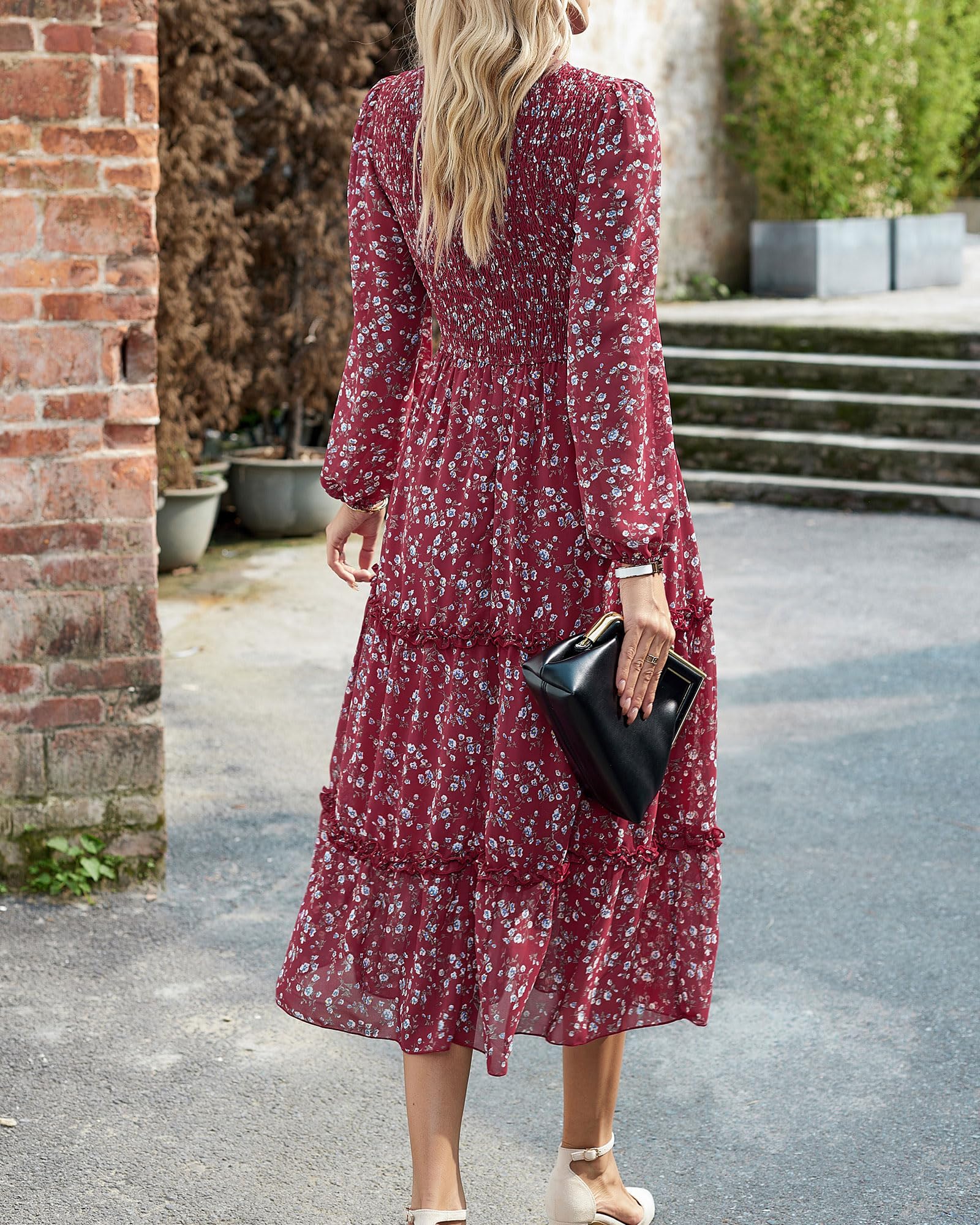 NOLLSOM Women's Floral Boho Maxi Dress 2025 - Long Sleeve Crew Neck A-Line Ruffle Wedding Guest Dress for Spring | Perfect for Beach Vacations, Garden Parties & Casual Outings