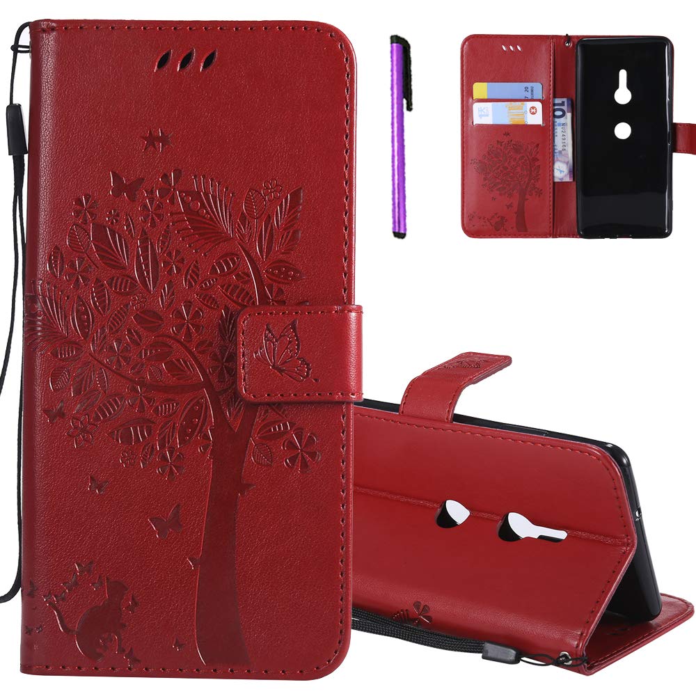 Slim PU Leather Wallet Case for Sony XZ3 - Card Holder & Stand for Women - Red Cat Design