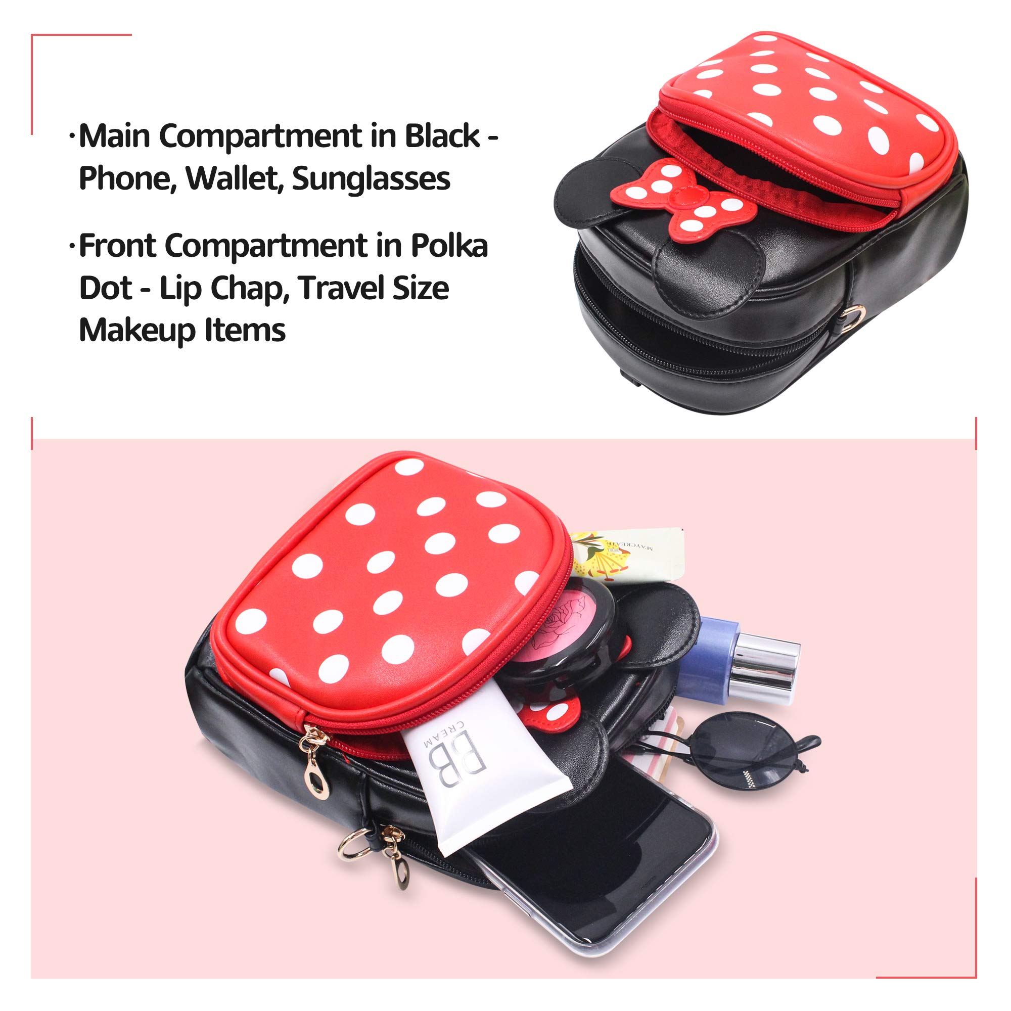 Minnie Mouse Polka Dot Small Backpack & Crossbody Bag 2-in-1 - Adjustable Shoulder Strap PU Leather Mini Backpack for Women & Girls, Travel, School, Makeup Organizer (Red/Black) - Perfect for Disney Fans, Theme Parks & Everyday Use