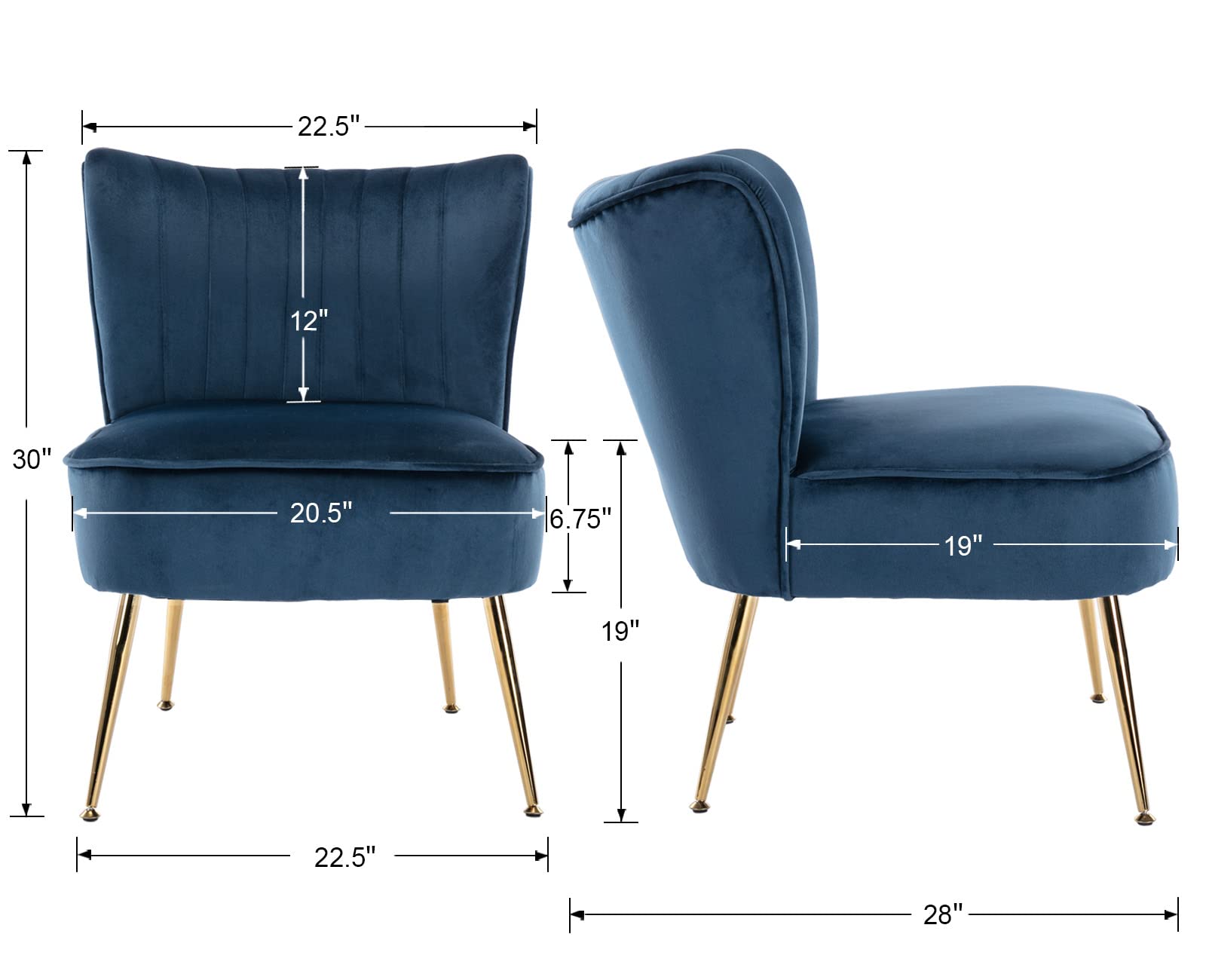 Velvet Accent Chairs Set of 2 - Mid-Century Modern Upholstered Side Chairs with Golden Legs - Blue Slipper Chairs for Living Room, Guest Room & Corner Seating - Comfy Armless Wingback Sofa Chairs for Relaxing & Home Decor