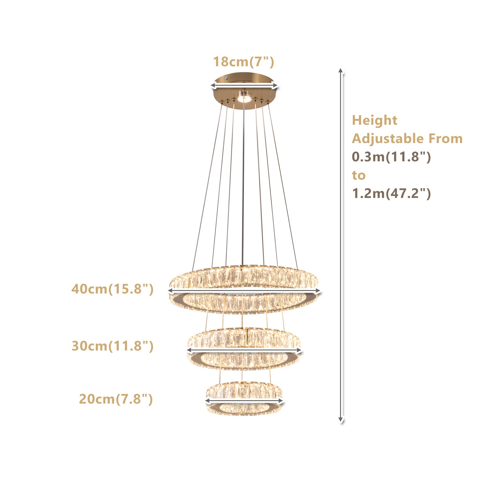 FRIXCHUR 3 Ring LED Chandelier - Modern Crystal Pendant Light Fixture with Gold Finish, 3000K Warm White Lighting for Bedroom, Dining Room, High Ceiling Foyer - Perfect for Romantic Dinners & Luxury Home Decor
