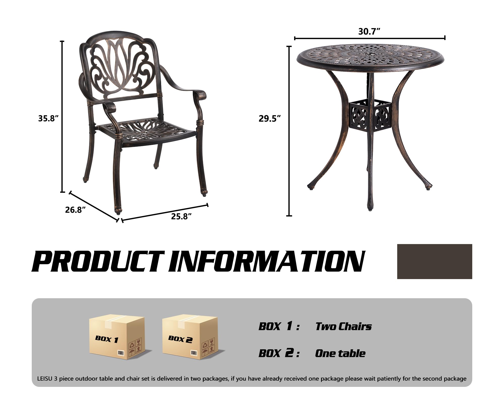 TITIMO 3-Piece Outdoor Bistro Set - Cast Aluminum Patio Table & Chairs in Antique Bronze - Perfect for Garden, Balcony & Small Space Dining