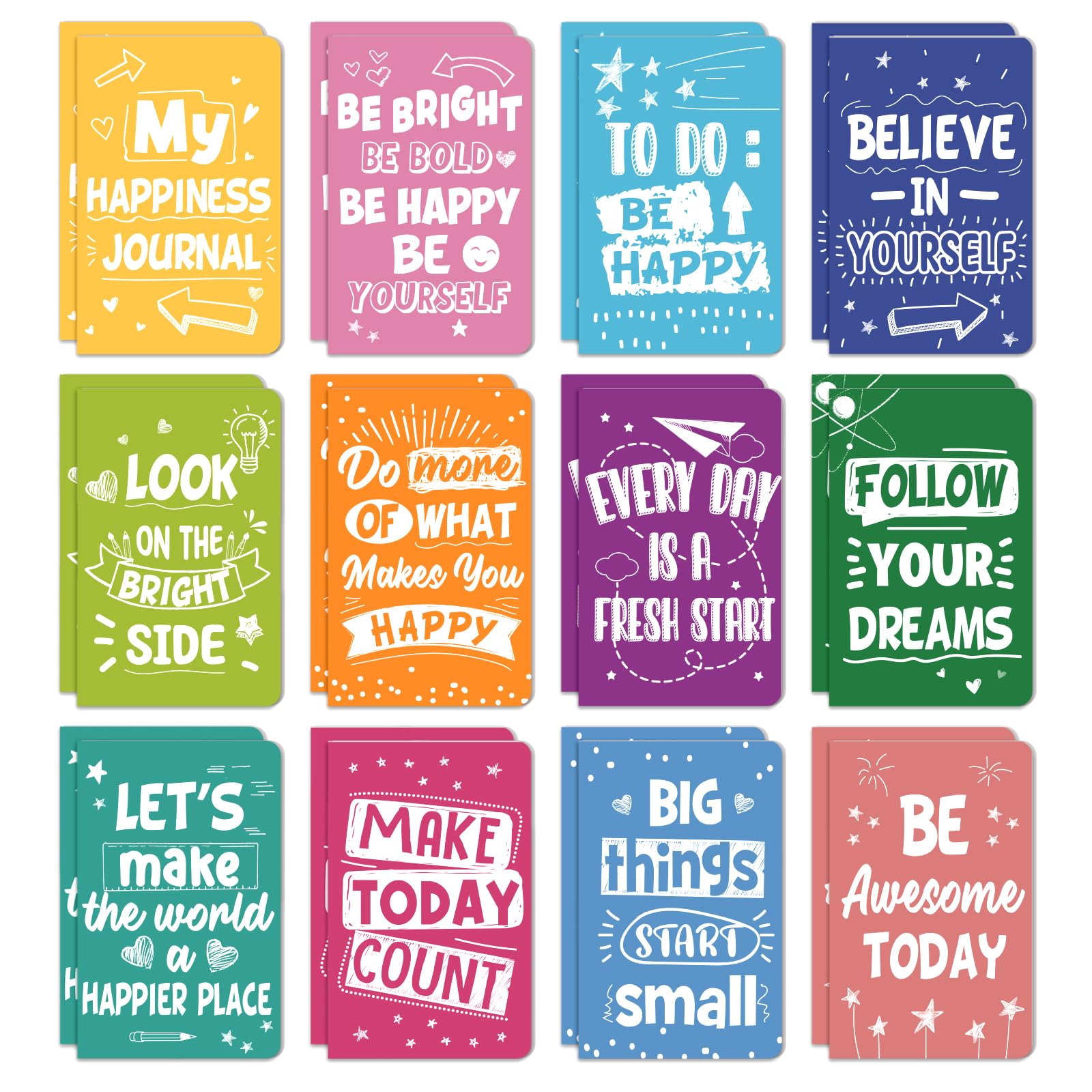 24 Pack Mini Colorful Notebooks - Motivational Journals & Inspirational Notepads for Kids, Teachers - Small Pocket Notebook Bulk Set for School, Office Gifts, Travel Supplies & Prize Rewards (Simple Design) - Perfect for Journaling, Note Taking, Classroom Rewards & Travel Essentials
