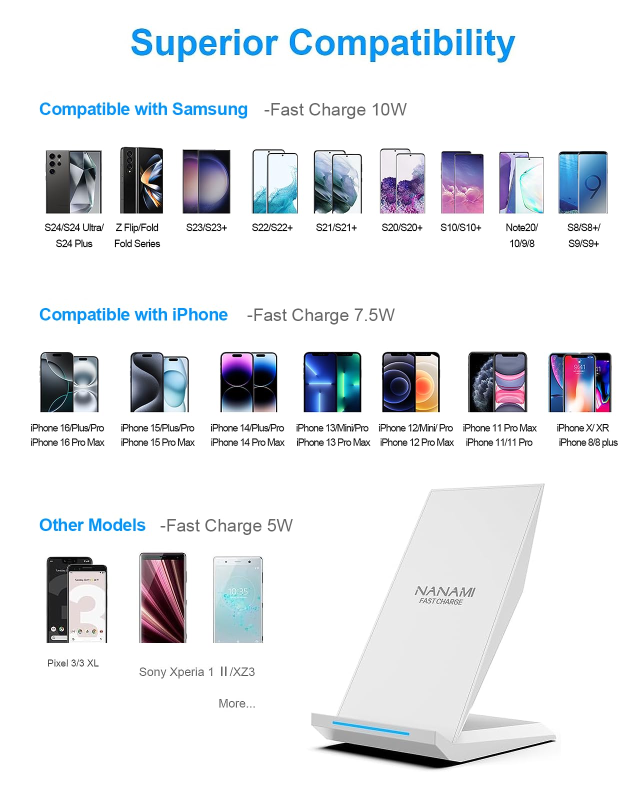 NANAMI Fast Wireless Charger Stand - Qi Certified 20W PD & 7.5W iPhone 16/15/14/13/12, 10W Samsung Galaxy S25/S24/S23/S22 - Perfect for Home, Office & Nightstand Charging