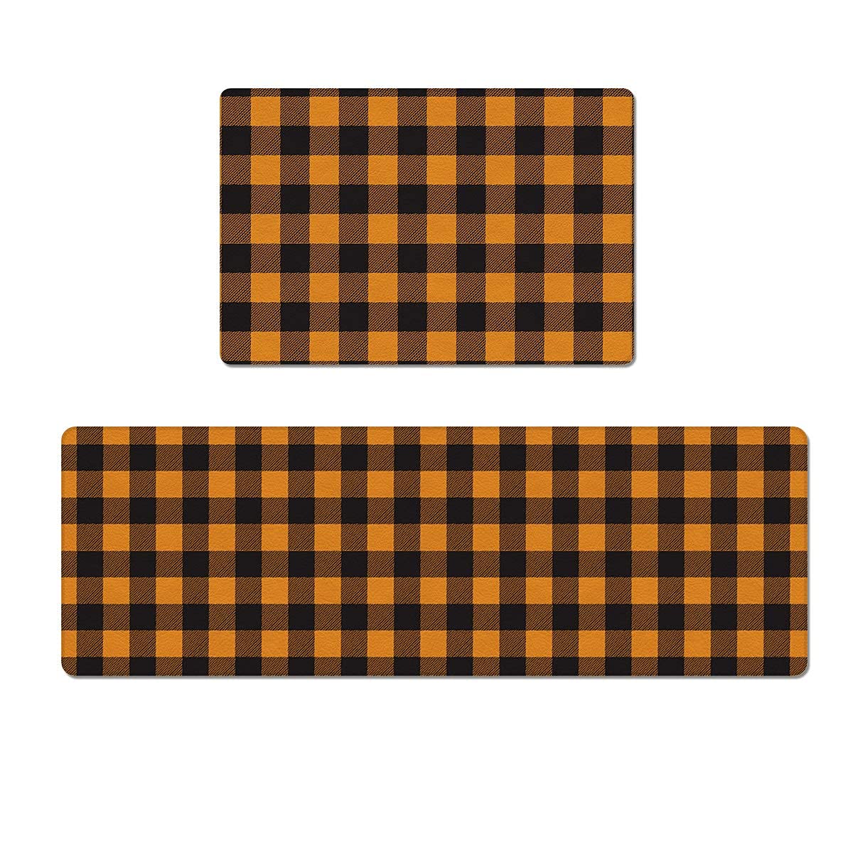 Midetoy Halloween Classic Orange and Black Buffalo Plaid Anti-Fatigue Kitchen Rugs Set - Non-Slip Floor Mats for Indoor/Outdoor Use - 17.7