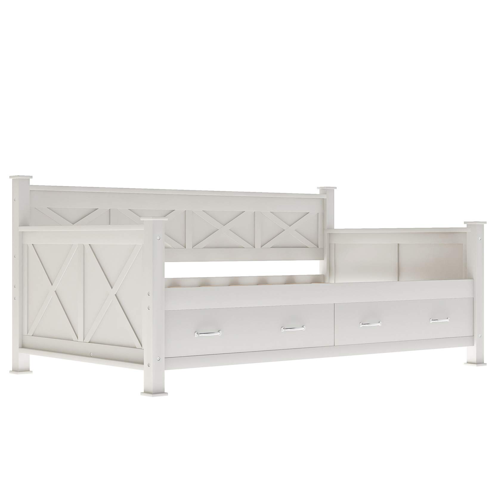 Wooden Daybed with 2 Storage Drawers - Cream Platform Bed for Kids, Guest Room & Sleepovers - Space-Saving Twin Bed with Underbed Storage - Perfect for Small Bedrooms, Dorms & Apartments