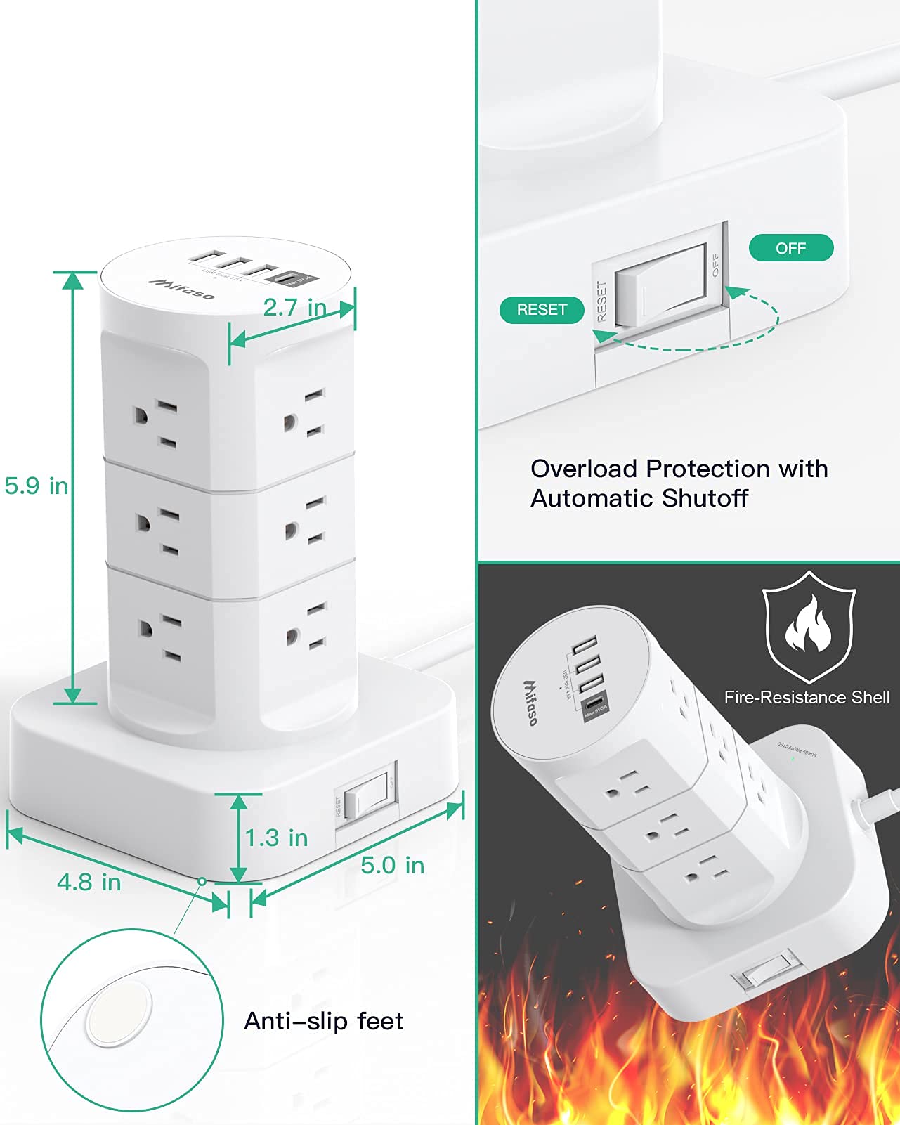 12-Outlet Surge Protector Power Strip with 4 USB Ports (1 USB C) & 6ft Cord - Multi Plug Tower for Home Office, Gaming Setup & Electronics Protection