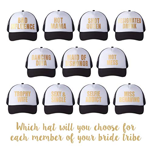 Pop Fizz Designs Bachelorette Party Trucker Hats - 12 Pack (1 Bride Hat + 11 Bridesmaid Hats) - Black Wedding Party Favors for Bachelorette Celebrations & Girls' Night Out