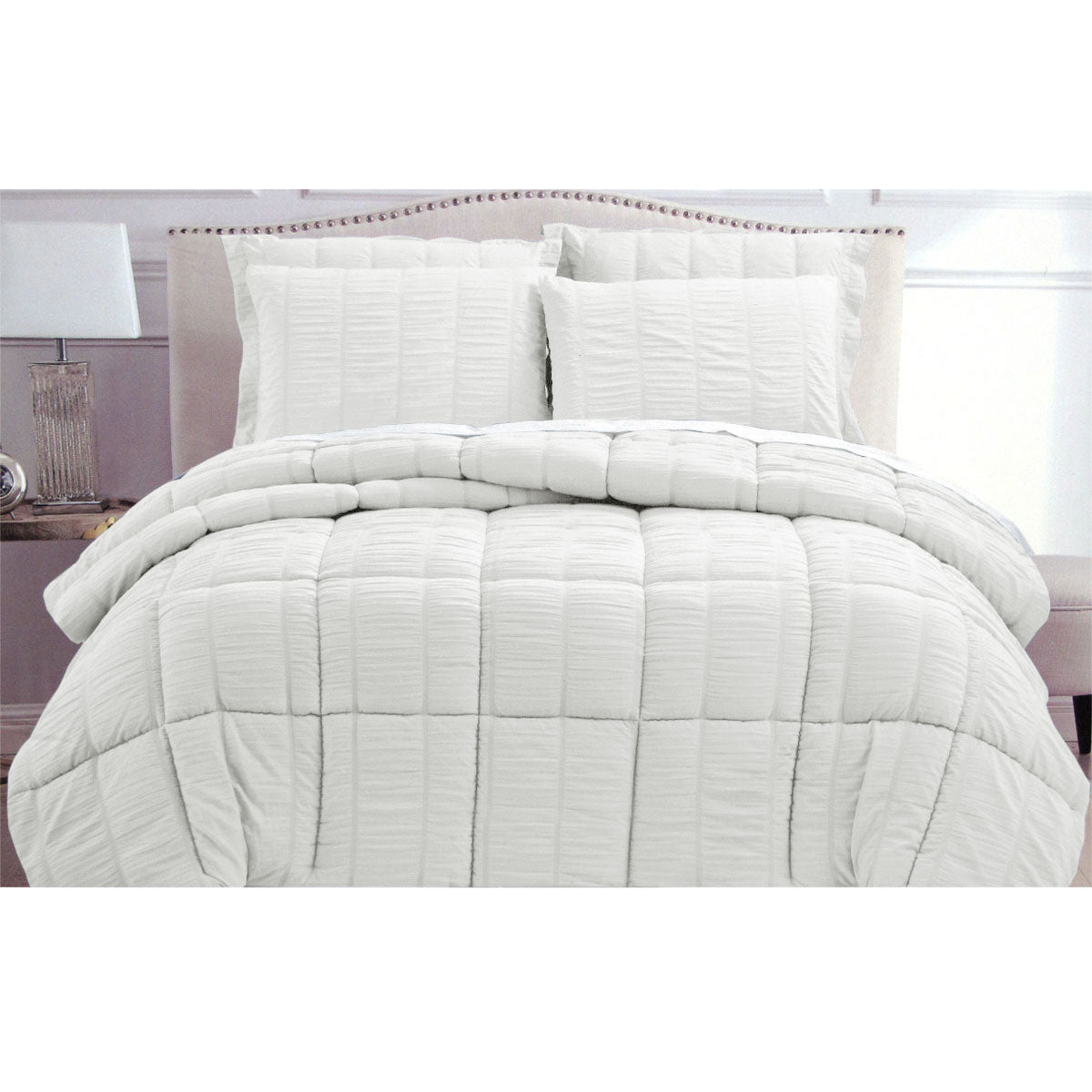 Premium Hotel Living Seersucker Comforter Set - King Size White Bedding Collection | Soft & Breathable for Luxurious Home & Guest Room Comfort