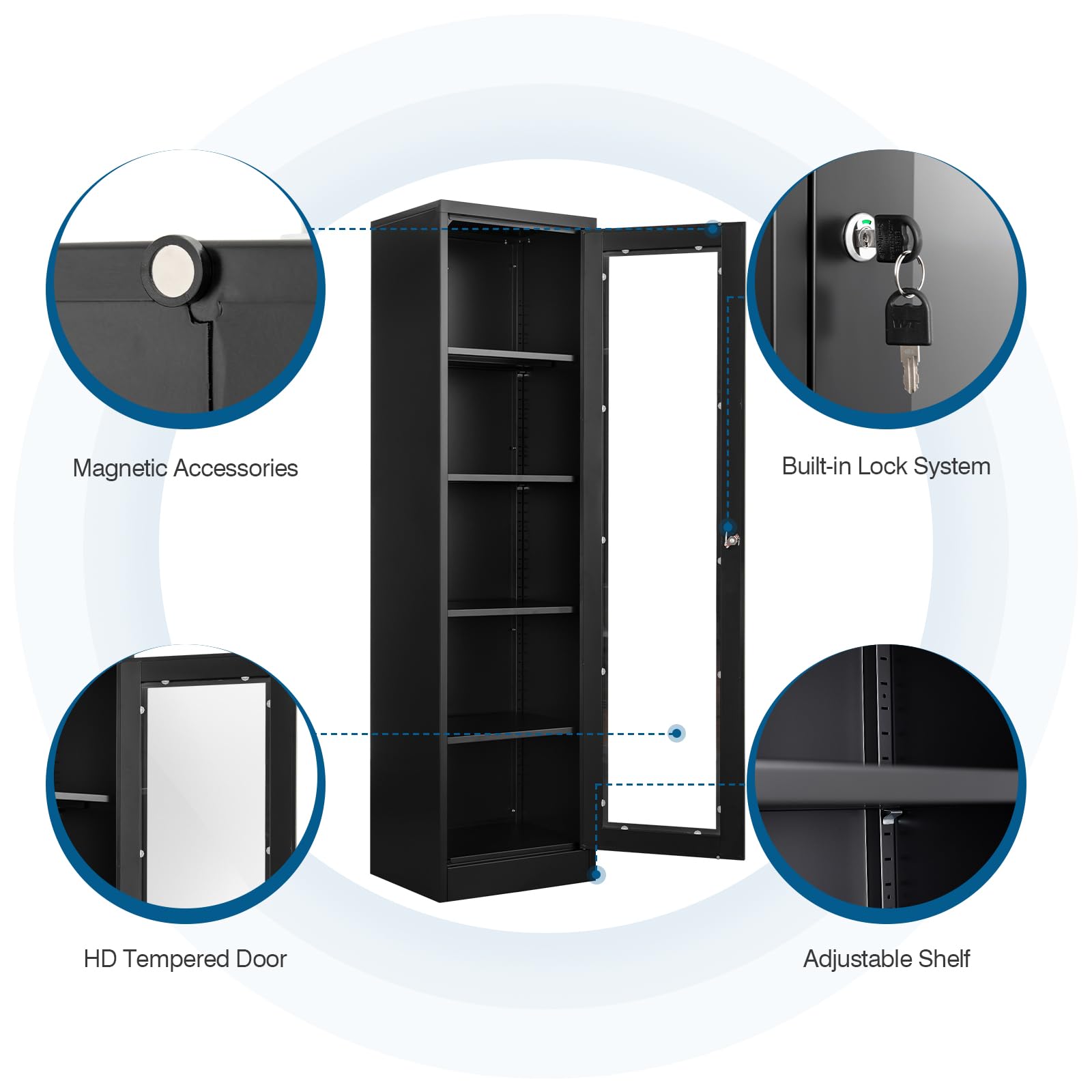 Glass Door Display Cabinet with 4 Adjustable Shelves - Locking Curio Cabinet for Home, Office, Clinic & Pantry - Easy Assembly Required (Black, One Door-A) - Perfect for Showcasing Collectibles, China & Home Decor