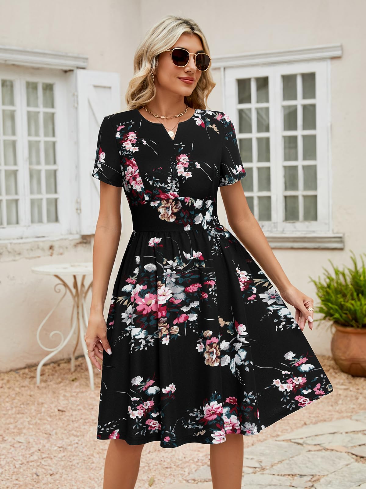 YATHON Women's Vintage Pleated Flared Swing A-Line Dress - Elegant Casual & Office Party Wear for Work, Date Night & Special Occasions