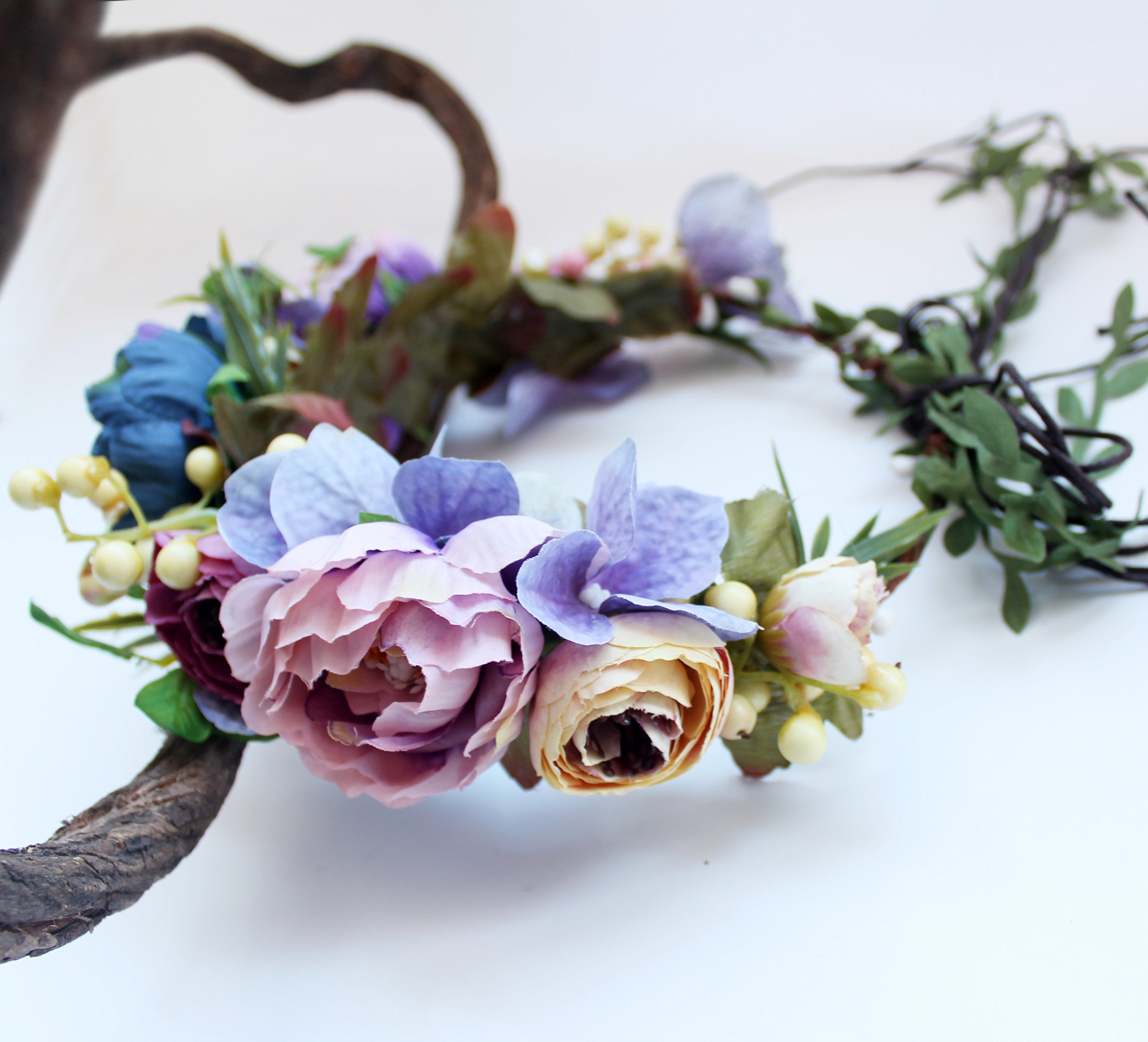 Brikuinr Floral Wreath Headband - Boho Flower Crown for Brides, Wedding Party & Festival - Purple Hair Garland with Ribbon | Perfect for Boho Weddings, Music Festivals & Photo Shoots