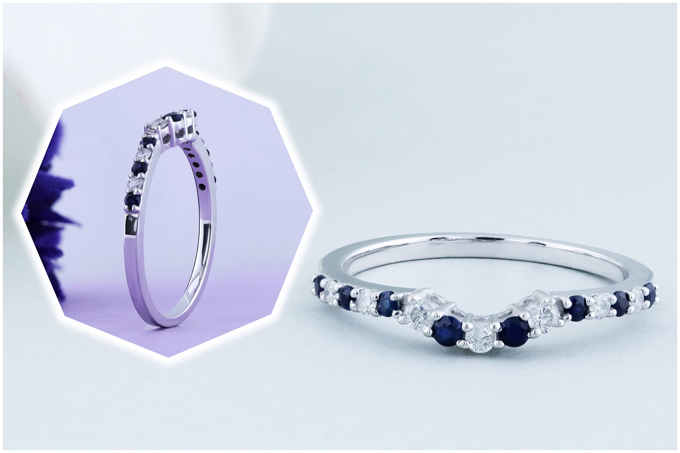 Blue Sapphire & Diamond Wedding Ring for Her in Gold - Elegant Stackable Band