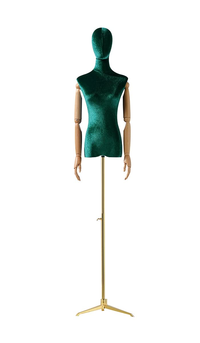 Adjustable Height Green Velvet Female Mannequin Dress Form with Metal Tripod Base & Solid Wood Arms - Half-Length Sewing Model for Clothing Display (Gold, Small Size) | Perfect for Tailors, Fashion Designers & Boutique Visual Merchandising