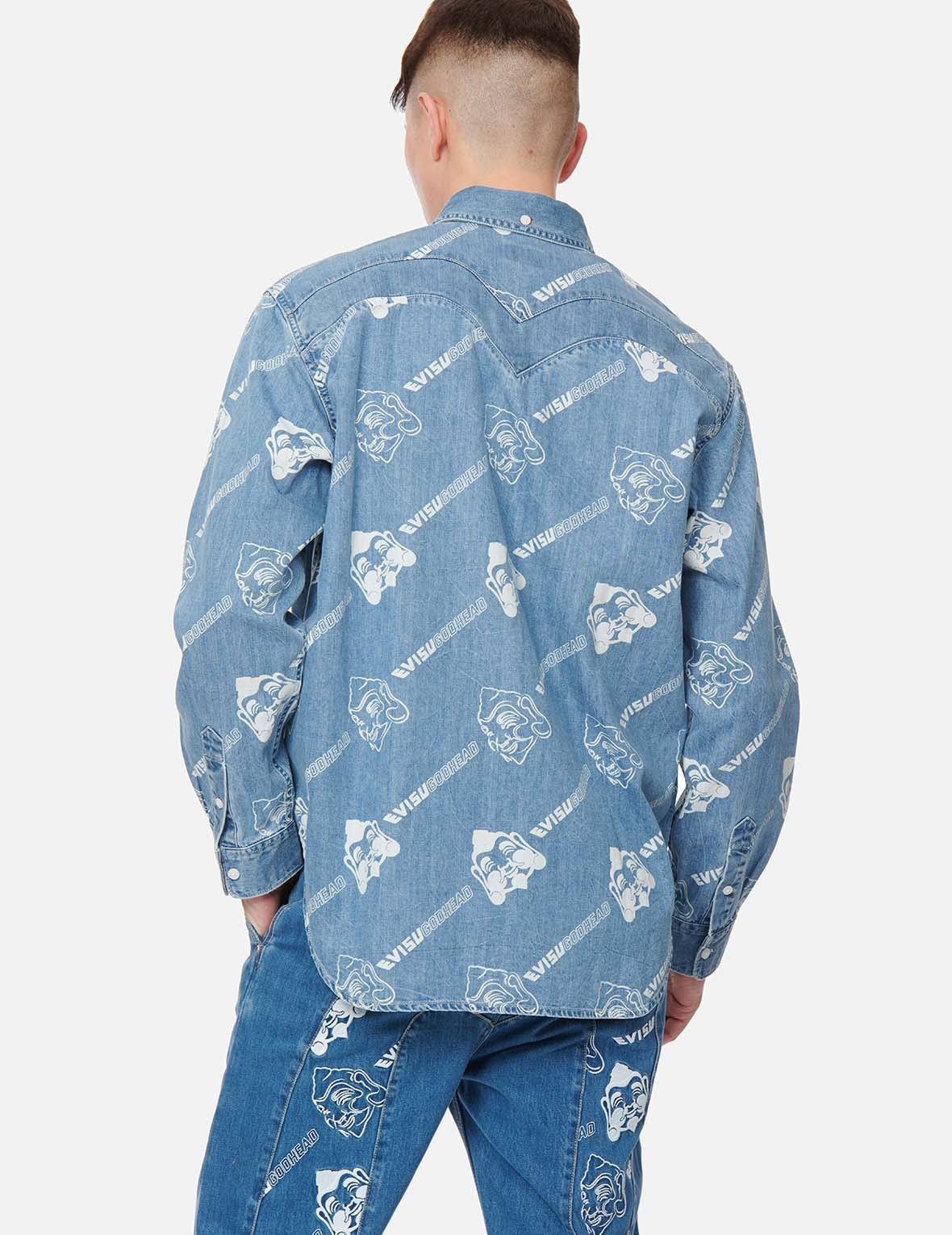 Trendy Allover Godhead & Logo Print Denim Shirt for Men - Vintage Washed Distressed Denim Top for Casual Wear, Street Style & Music Festivals