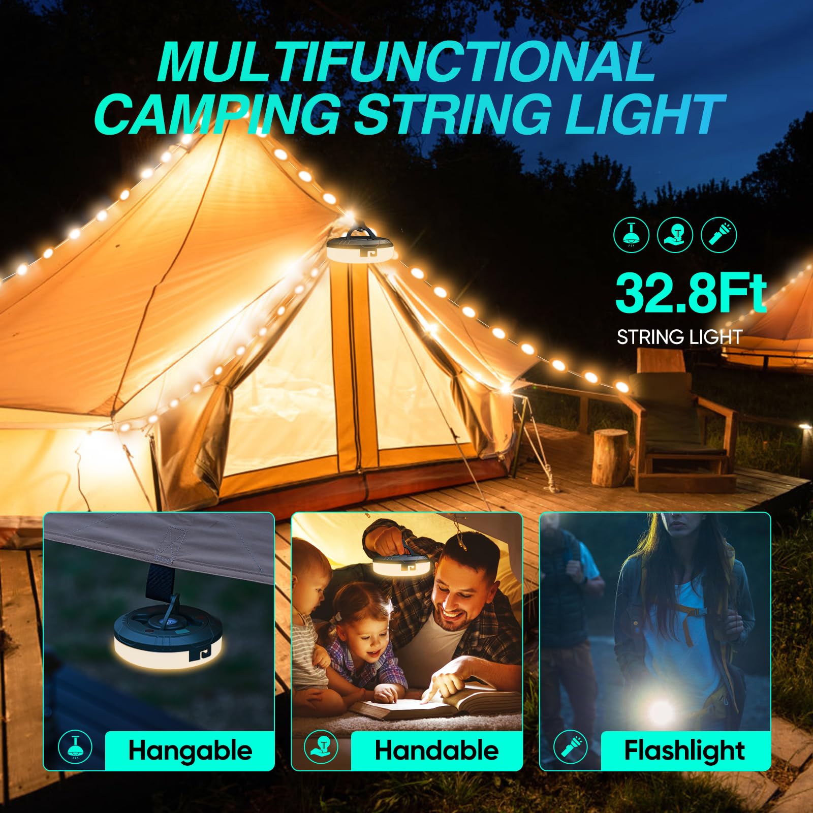 Waterproof Rechargeable Camping String Lights - 32.8Ft Outdoor USB LED Fairy Lights with 8 Lighting Modes | Portable & Stowable for Camping, Patio, Garden, Backyard, and Party Decor