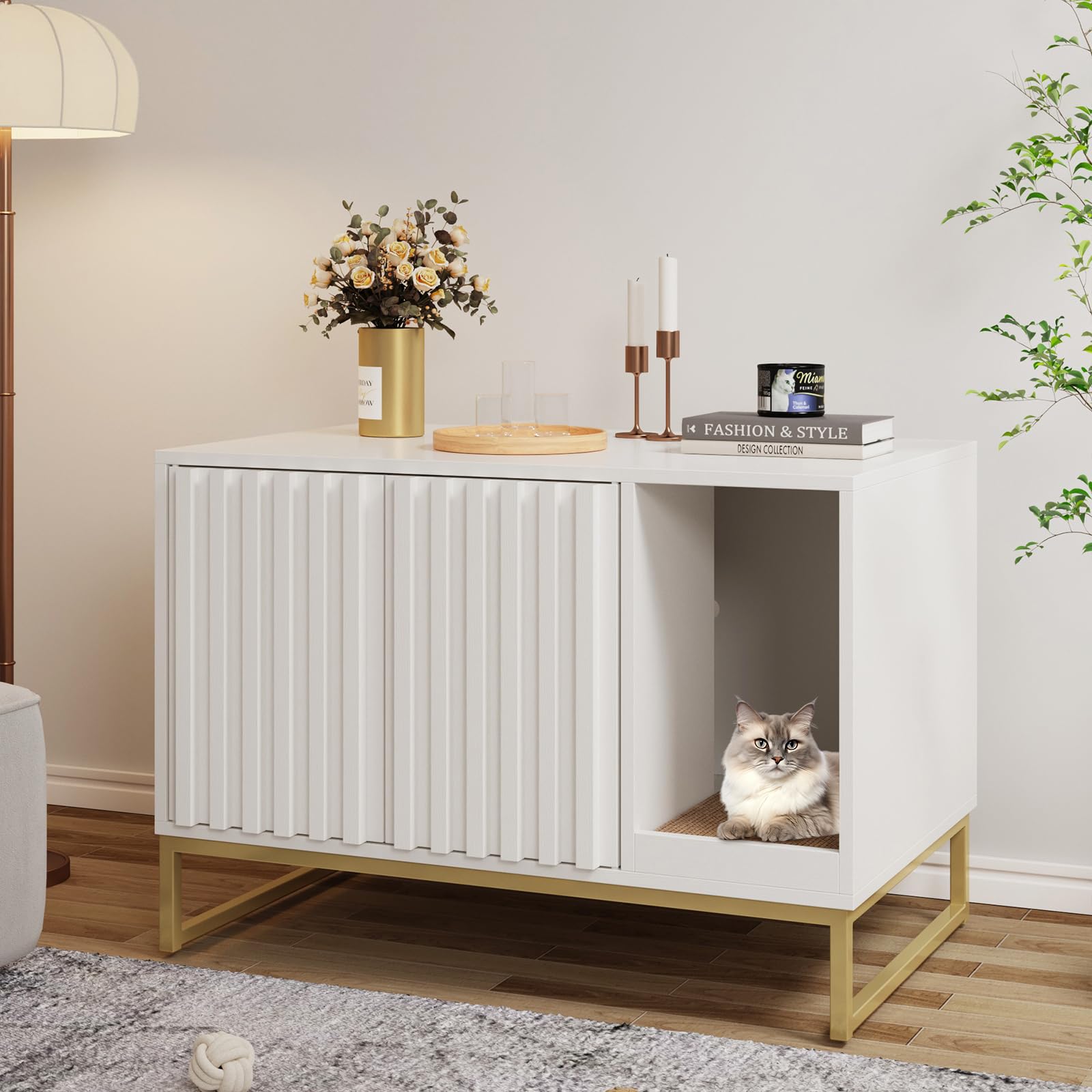 Modern Cat Litter Box Enclosure Furniture - Hidden Litter Box with Scratch Pad, Washroom House End Table & Entryway Bench for Living Room - White | Stylish Pet Furniture for Small Spaces & Home Decor