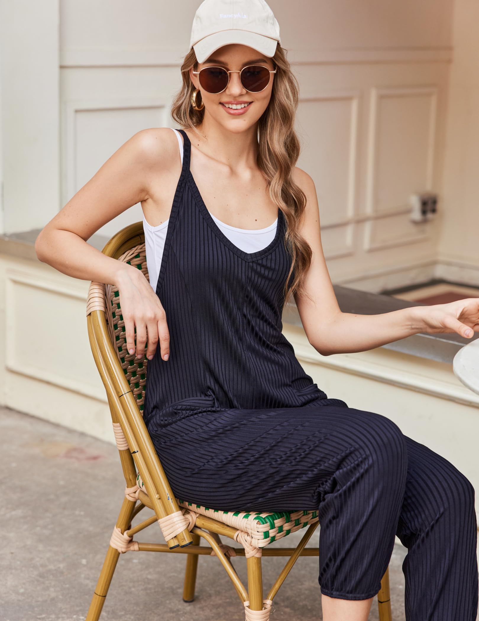 Ekouaer Women's Sleeveless Spaghetti Strap Ribbed Jumpsuit - V Neck Summer Romper with Pockets | Casual Outfit, Beach Wear, Vacation Clothing 2025