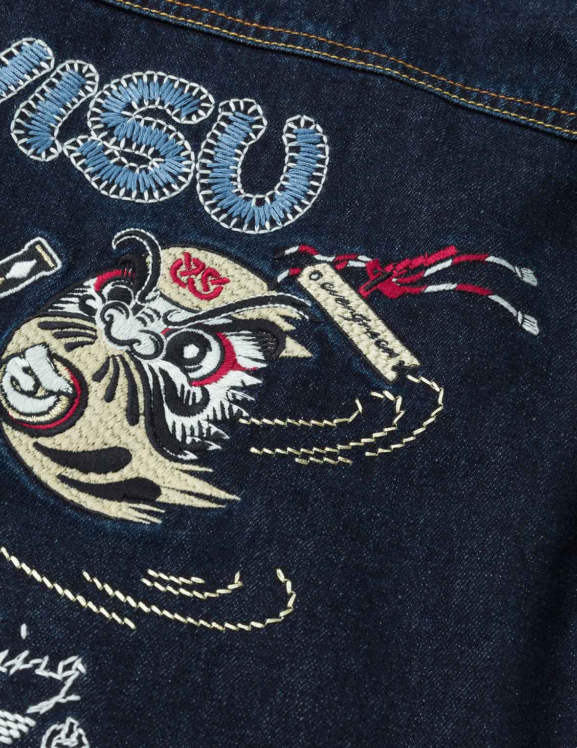 Ninja Daruma Embroidery Denim Jacket for Men - Regular Fit Padded Casual Jacket with Japanese Streetwear Style - Perfect for Urban Fashion, Street Style, and Everyday Wear