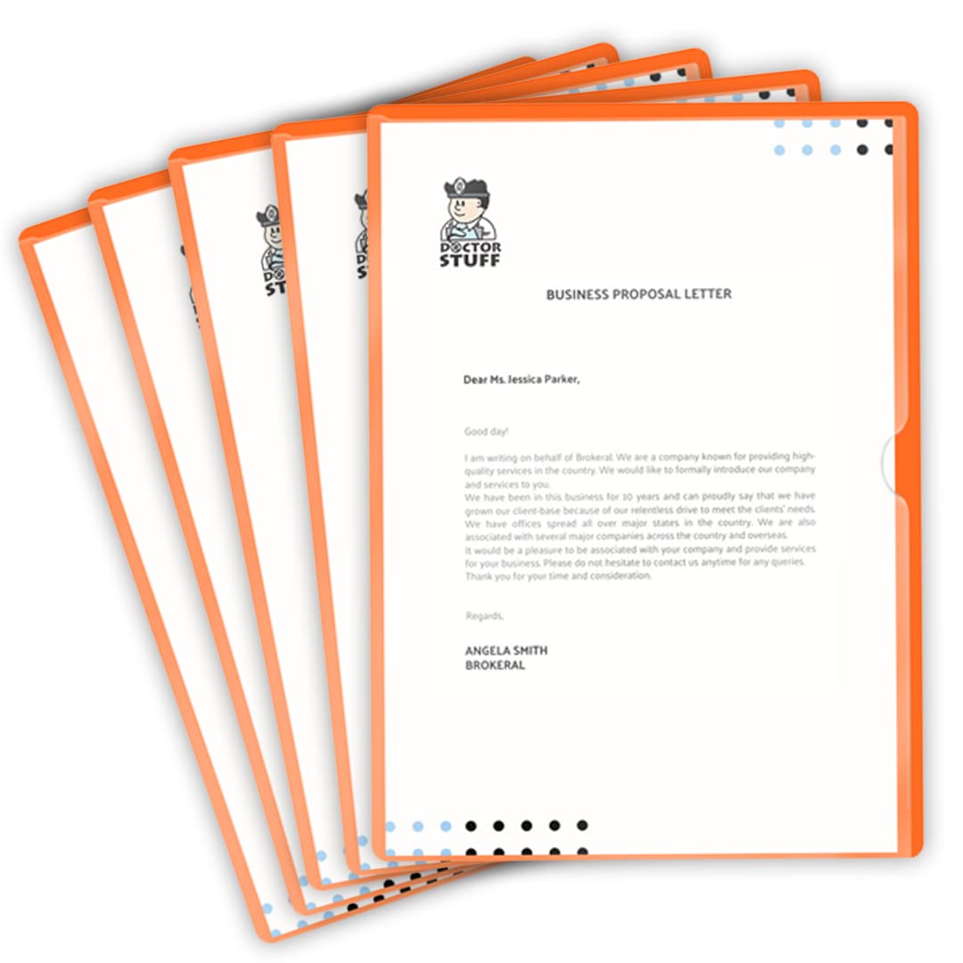 100 Pack Premium L-Type Vinyl Plastic File Folders Letter Size - Orange Pocket Project Folders with Clear Front for Home, Office & Medical Use - Durable Document Holders for Organizing Papers, Records & Files