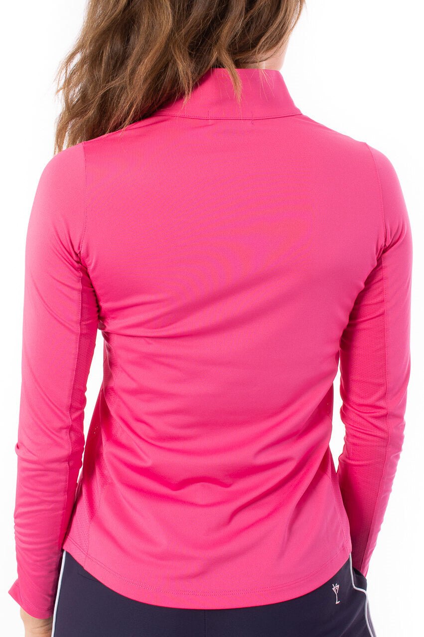 Hot Pink Long Sleeve Zip Mock Polo Shirt for Women - Stylish Casual & Athletic Wear for Golf, Tennis & Outdoor Activities