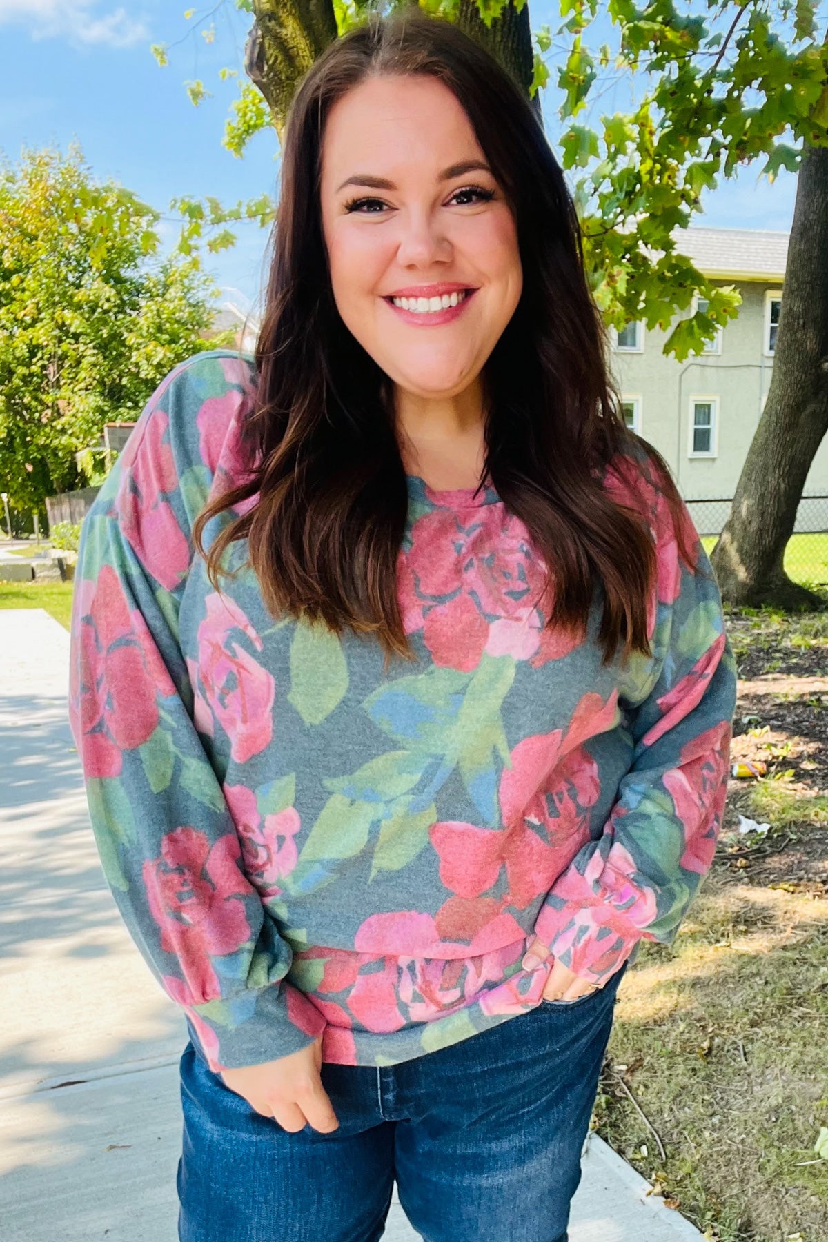 Everyday Hunter Green Floral Brushed Hacci Sweater Top for Women - Cozy Casual Knit Pullover for Fall & Winter Outfits | Perfect for Office, Dates & Weekend Wear