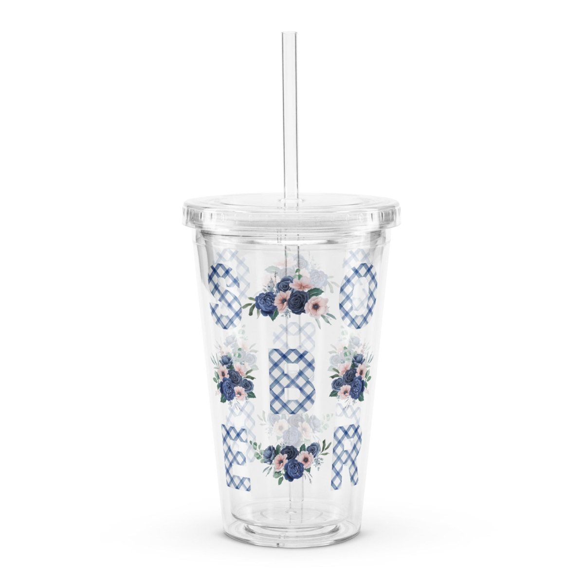 SOBER - 16 oz Blue Gingham Floral Clear Tumbler with Straw & Lid, Insulated Stainless Steel Travel Mug for Coffee, Tea & Cold Drinks - Perfect for Office, Gym & Outdoor Activities