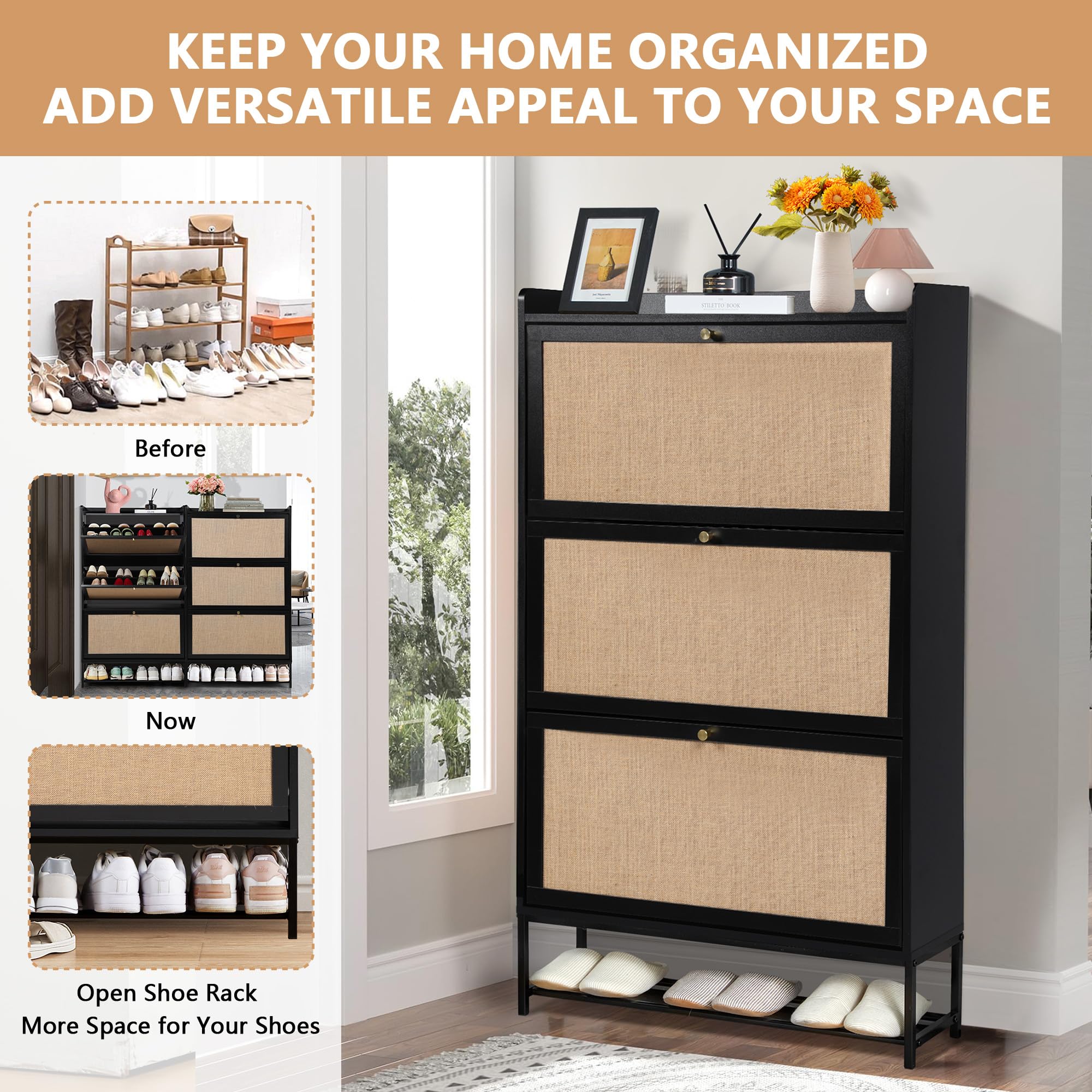 LEVNARY 3-Tier Flip Drawer Shoe Storage Cabinet - Freestanding Wooden Shoe Organizer with Metal Legs for Entryway, Hallway & Closet - Space Saving Narrow Shoe Rack for Sneakers, Boots & Heels (Black)