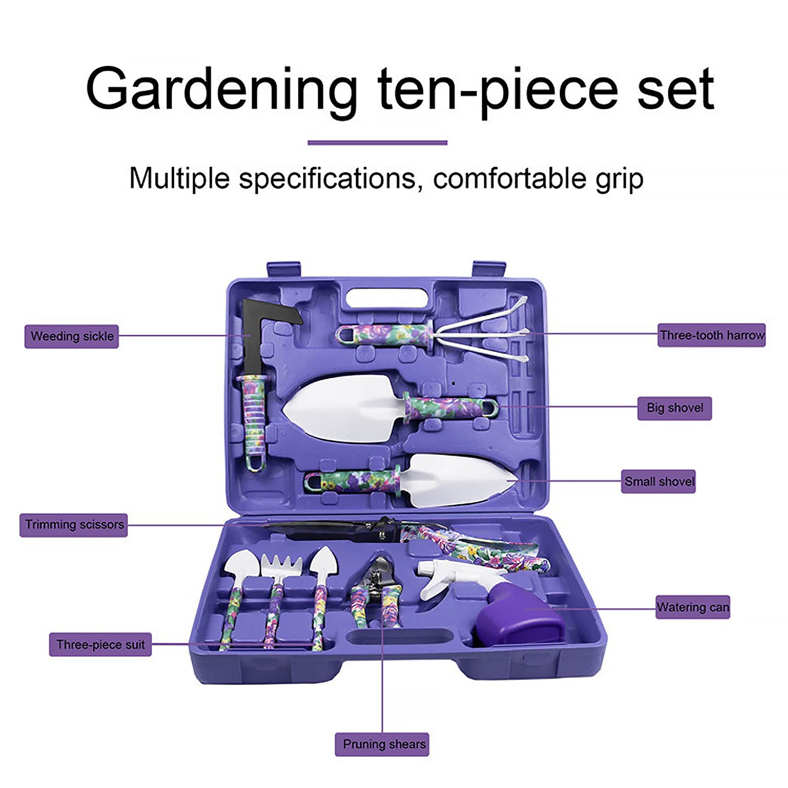 Kingsea 10-Piece Stainless Steel Garden Tools Set - Planting, Succulent Transplanting Hand Tool Kit with Carrying Case - Ideal Gardening Gift for Women (Purple) - Perfect for Home Gardening, Landscaping & Outdoor Planting Projects