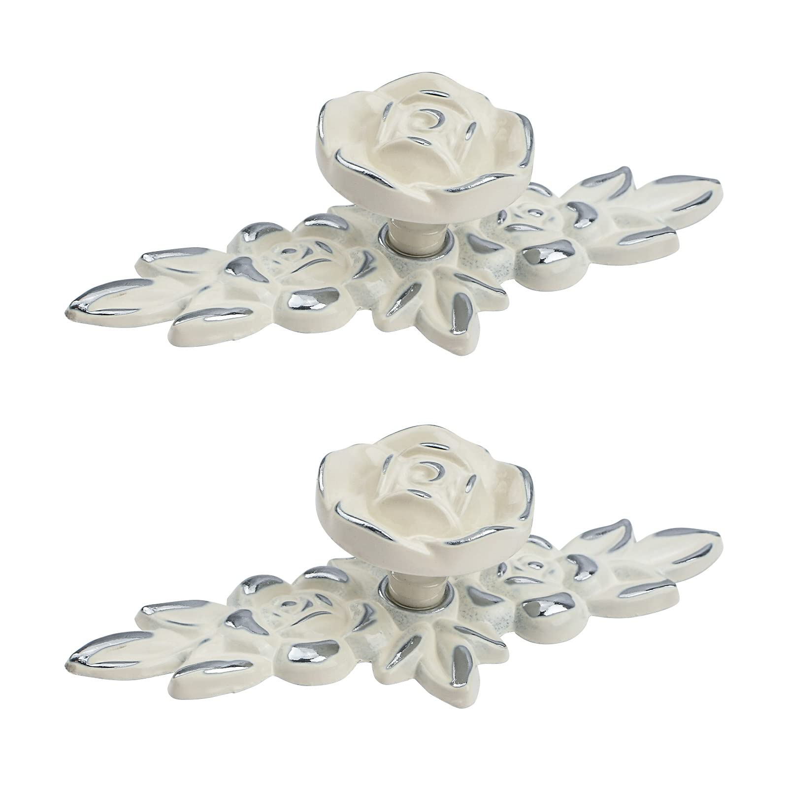 Vintage Euro Rose Cabinet Knobs with Backplate - 2pcs Zinc Alloy Drawer Handles in Ivory White & Silver Edge - Perfect for Wardrobe, Dresser, Cabinet & Furniture Upgrade - Includes Mounting Screws for Easy Installation