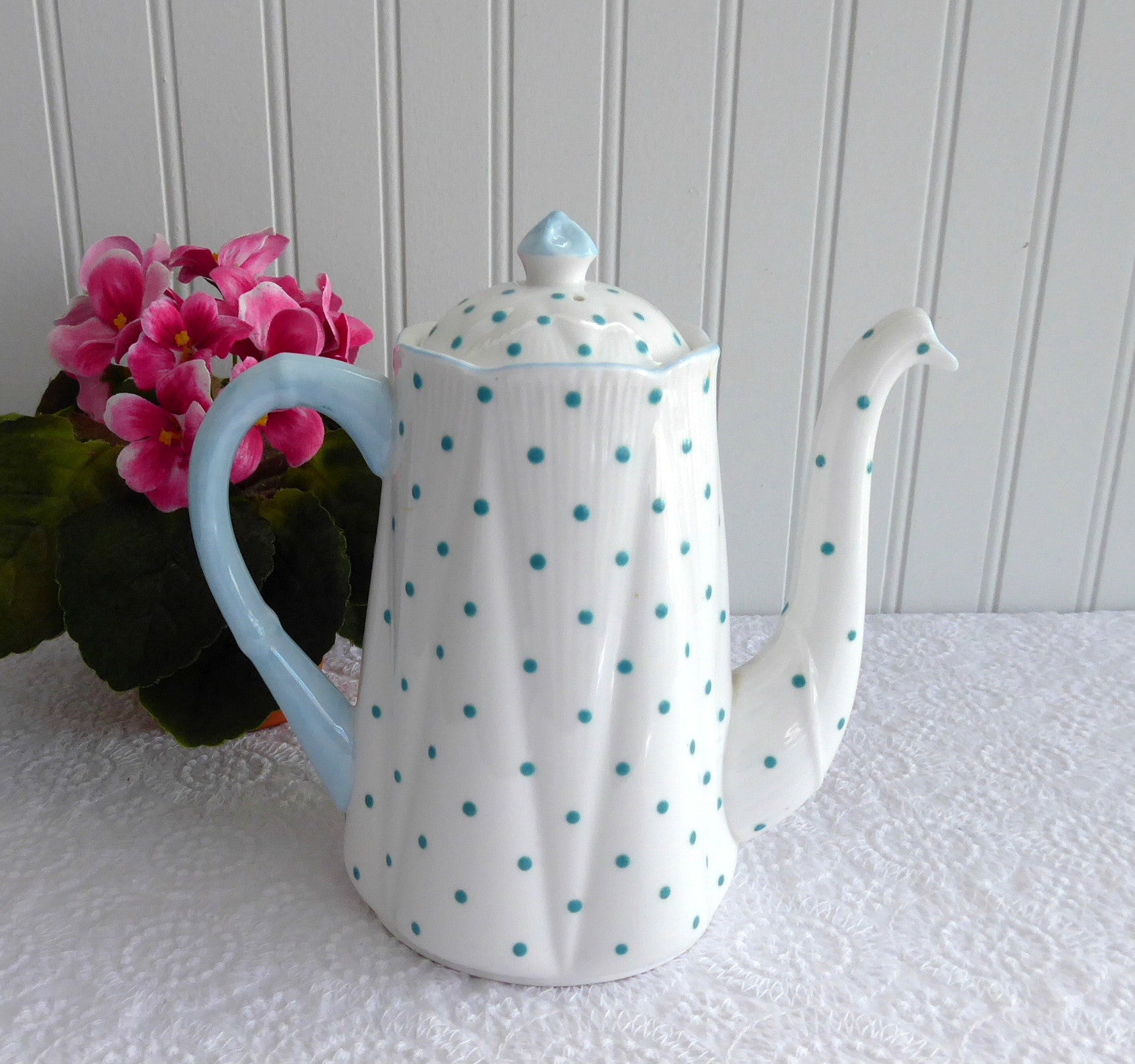 Vintage Shelley England Polka Dot Teapot - 1950s Tall Turquoise Dots Coffee Pot, Retro British Ceramic Tea Set for Afternoon Tea & Collectors Display