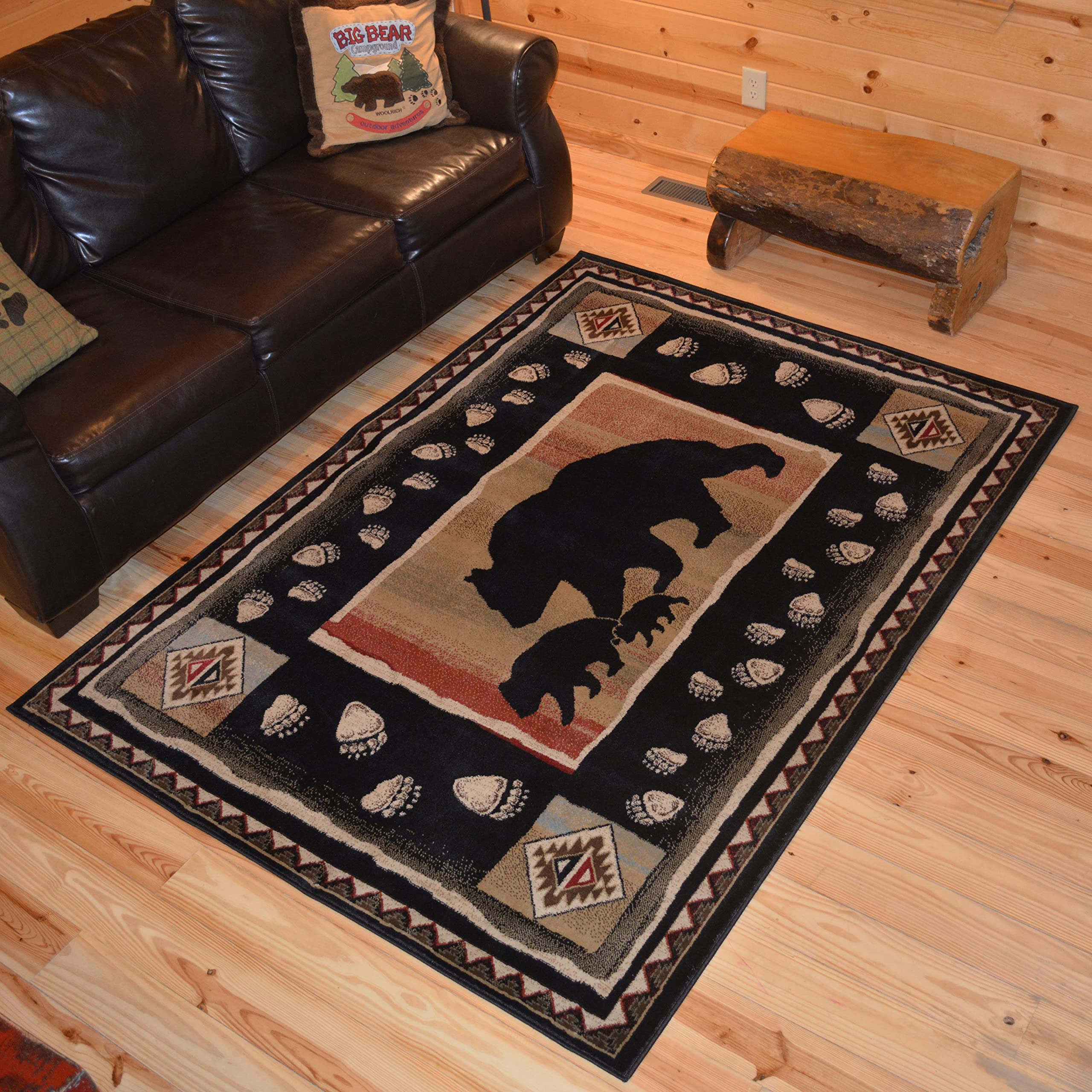 Rustic Lodge Area Rug with Black Bear Design - 5'3
