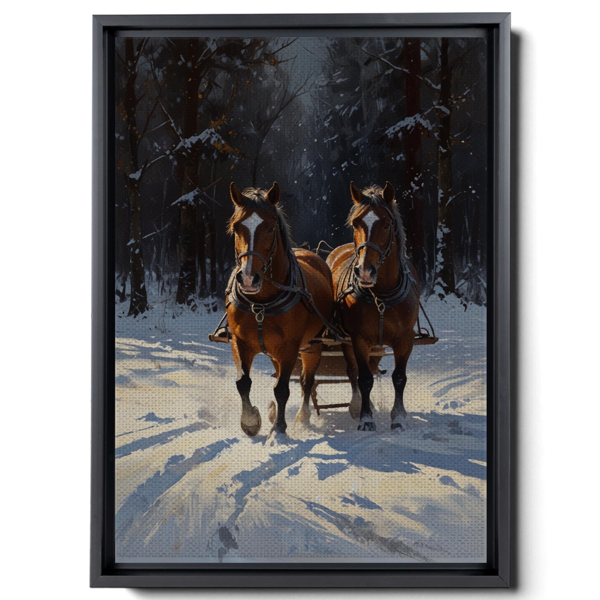 Winter Horse Sleigh Canvas Print - Snowy Christmas Wall Art Decor, Animal & Landscape Painting for Living Room, Bedroom, Holiday Home Decor