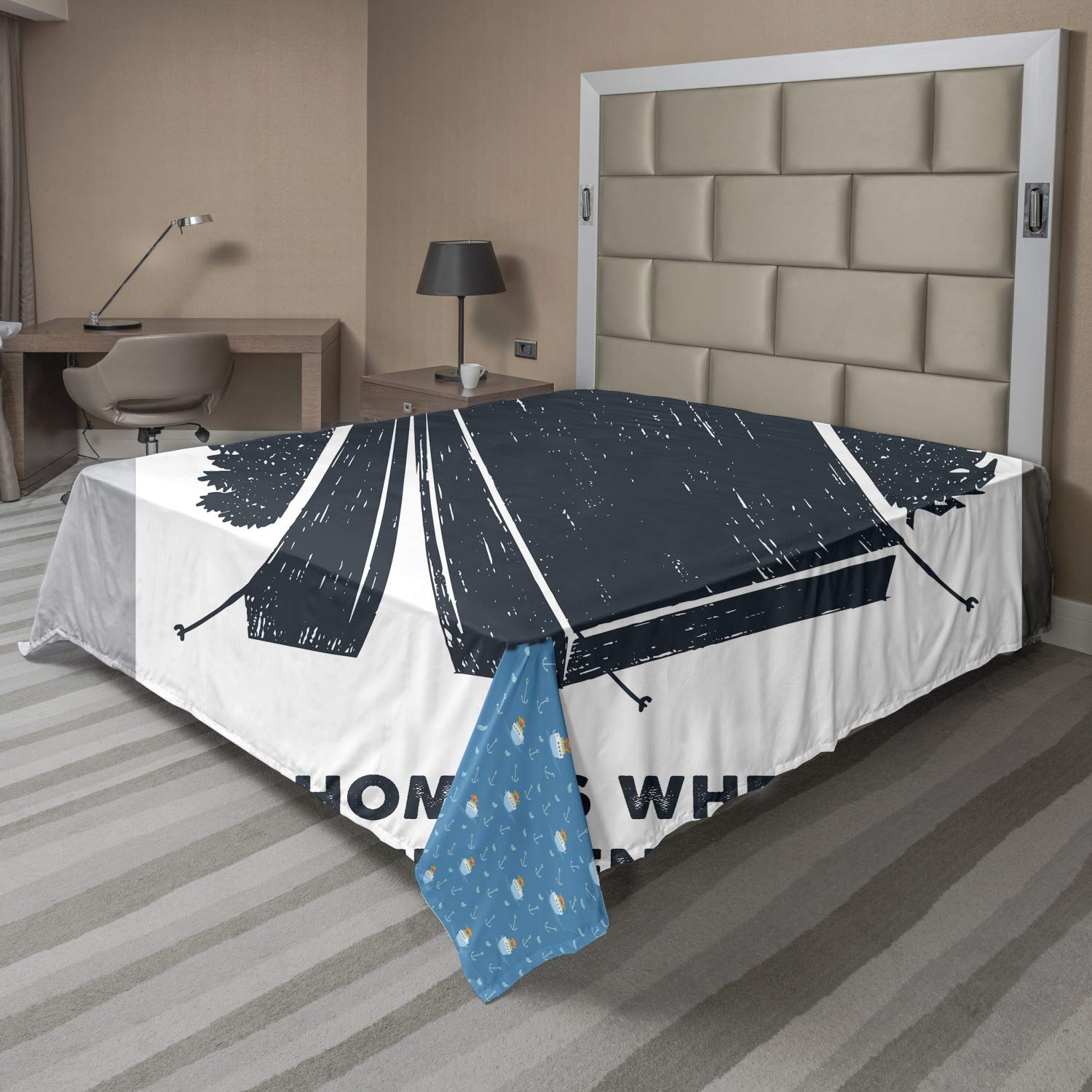 Ambesonne Camping Theme Flat Sheet - 'Home is Where The Tent is' Pine Tree Design | Soft Full Size Top Sheet for Bedroom Decor | Dark Blue & White Bedding for Camping Enthusiasts & Travel Lovers