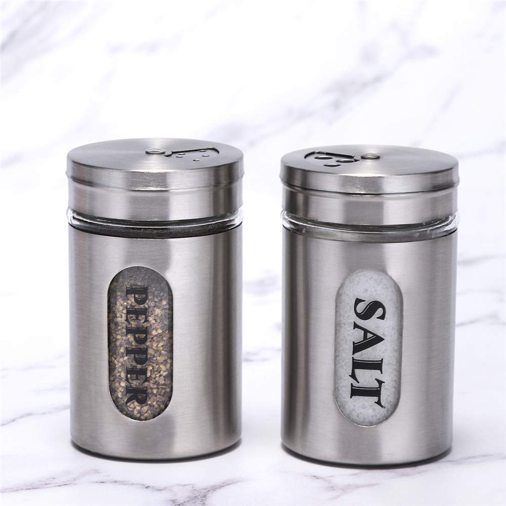 Premium Stainless Steel & Glass Salt and Pepper Shakers Set - Elegant Silver Kitchen Condiment Dispensers for Dining Table, Restaurant, and Home Use
