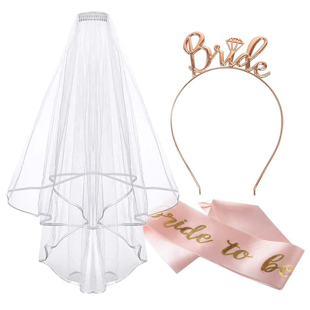 Bride to Be Sash and Veil Set - Rose Gold Wedding Accessories with Tiara, Headband & Decorations for Bachelorette, Bridal Shower & Hen Party - Perfect for Pre-Wedding Celebrations, Girls Night Out and Wedding Games