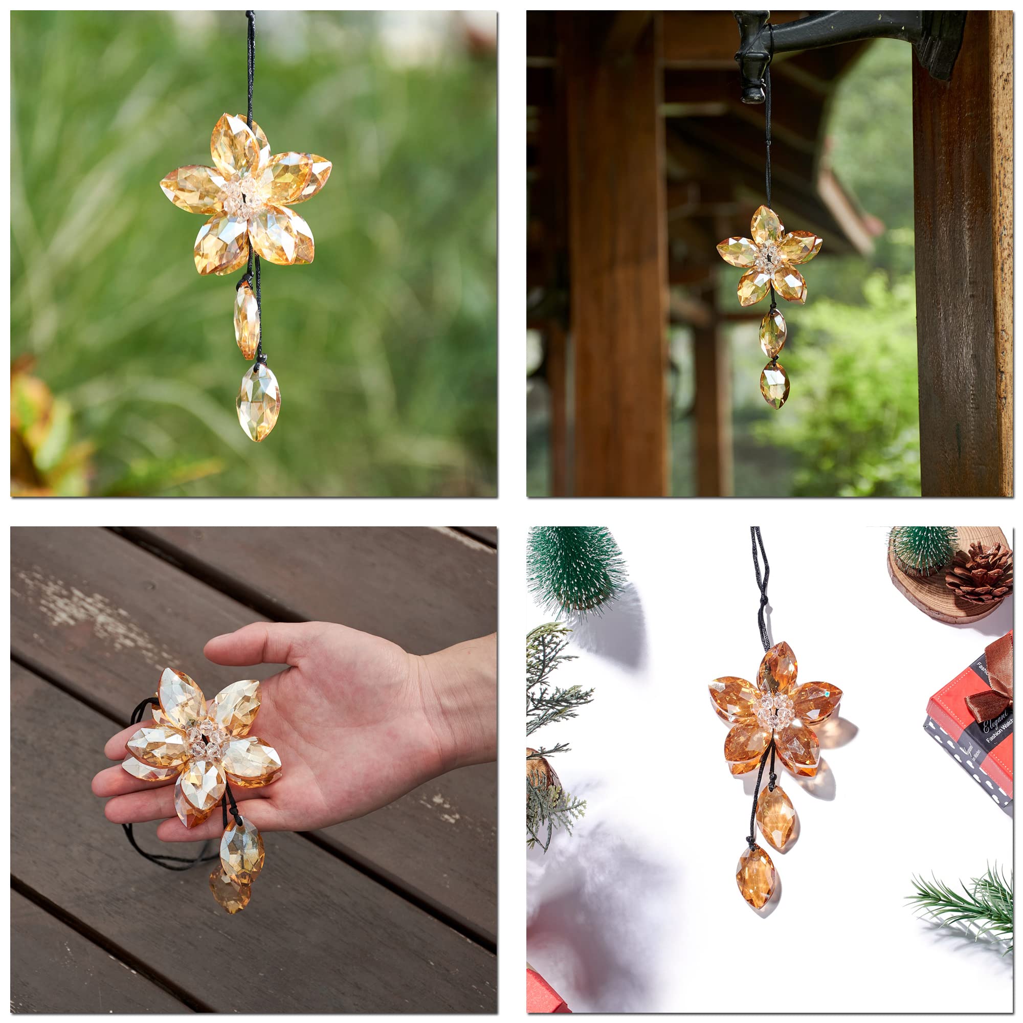 Crystal Flower Car Rear View Mirror Pendant - Elegant Champagne Hanging Ornament for Good Luck & Protection | Perfect Car Accessories for Women, Gift Ideas & Daily Commute