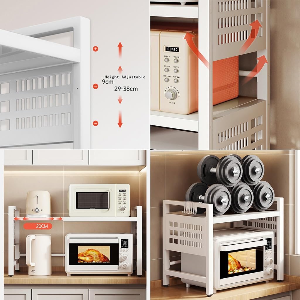 FLTRGO 3-Tier Extendable Microwave Oven Rack - Adjustable Heavy Duty Metal Pantry Shelf with Spice Organizer, Paper Towel Holder & 6 Hooks - Space Saving Kitchen Organizer for Home, Office or Dorm Countertop - Perfect for Small Spaces, Microwave Storage & Kitchen Organization