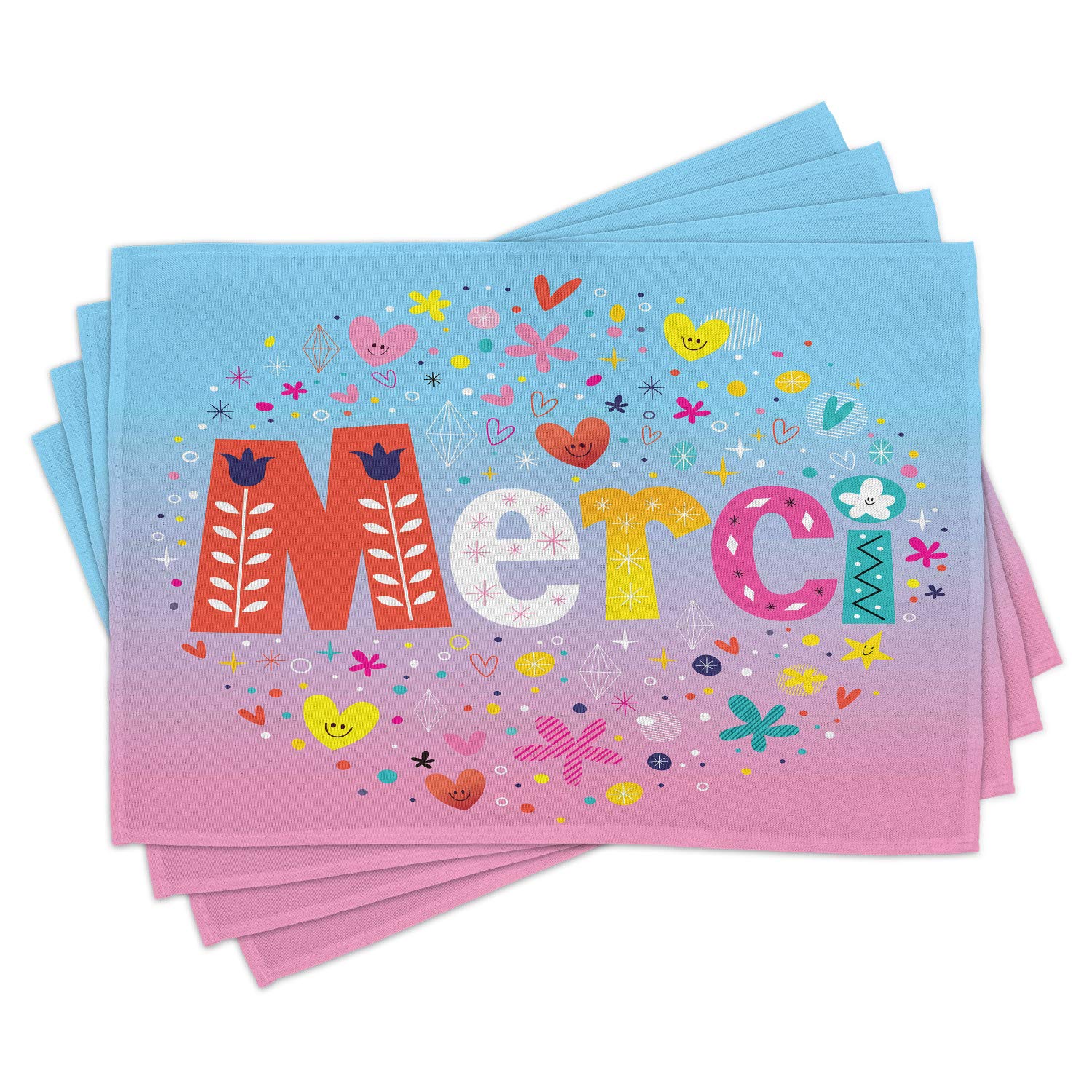 Ambesonne French Place Mats Set of 4 - Parisian Design with Merci Thank You & Hearts Flowers Print | Washable Fabric Placemats for Dining Table & Kitchen Decor | Perfect for French-Themed Dinners, Holiday Gatherings & Home Styling