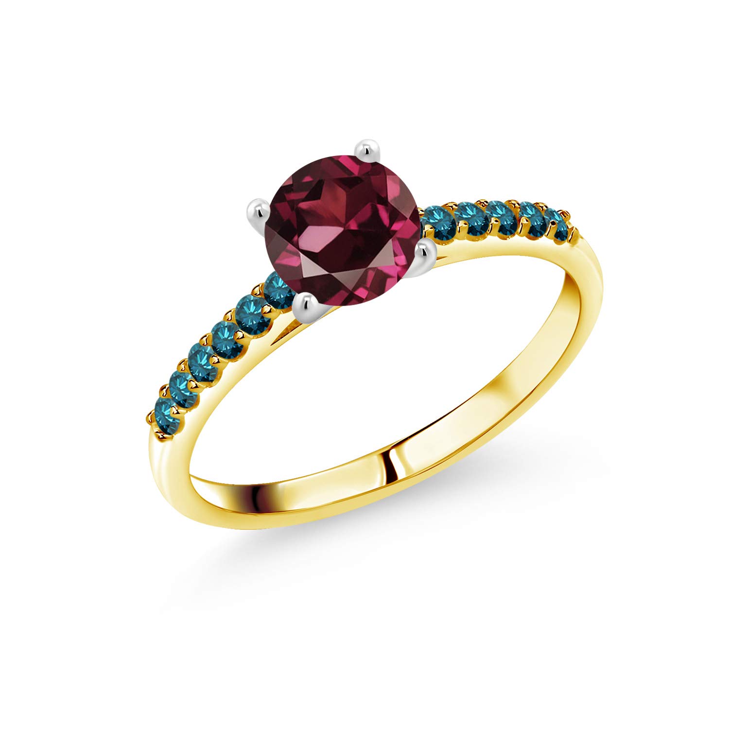 1.20 Ct Round Red Rhodolite Garnet & Blue Diamond 10K Yellow Gold Ring with White Gold Prongs - Gem Stone King | Elegant Jewelry for Engagement, Anniversary & Special Occasions