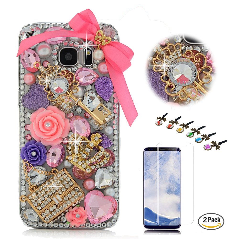 STENES Bling Crystal Samsung Galaxy S9 Case with 3D Bow & Rose Design - Shockproof Protective Cover with Screen Protector - Perfect for Women Girls (Pink) | Great Gift for Birthday, Valentine's Day & Daily Fashion Accessory