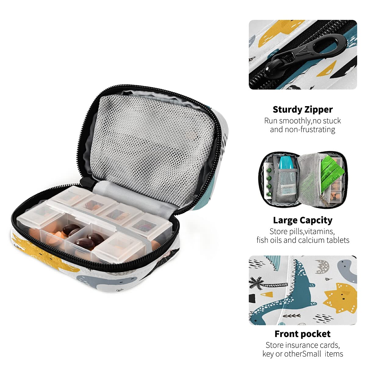 Scandinavian Style Dinosaur Pill Organizer Case - Portable Medicine Box for Vitamins, Supplements & Daily Pills | Perfect for Travel, Home & Office Use