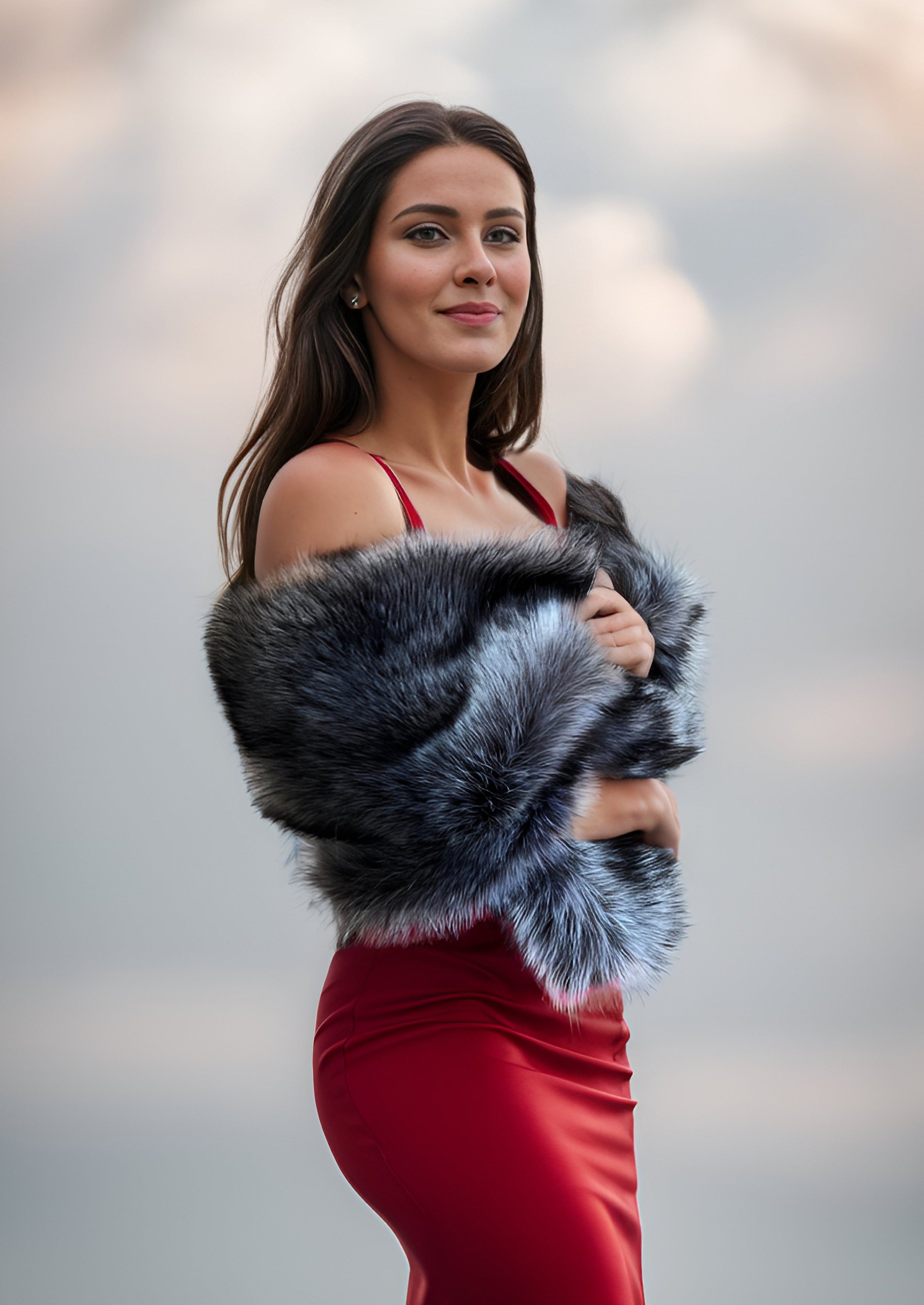 Elegant Dark Grey Fur Shawl for Brides - Soft & Luxurious Winter Wedding Wrap (DGry03) - Perfect for Bridal Photos, Ceremonies & Cold Weather Events