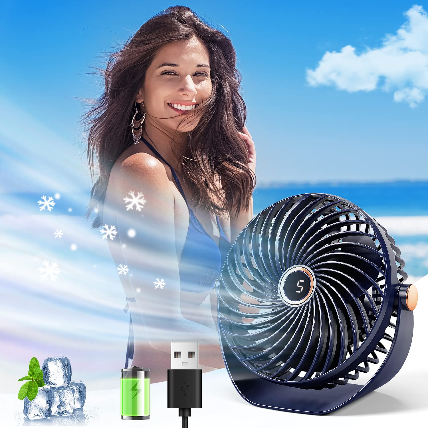 Silent USB Desk Fan - 5 Speed Adjustable Mini Portable Fan with 3600mAh Rechargeable Battery, 360° Rotation for Home Office Bedroom | Perfect for Work, Study & Sleep