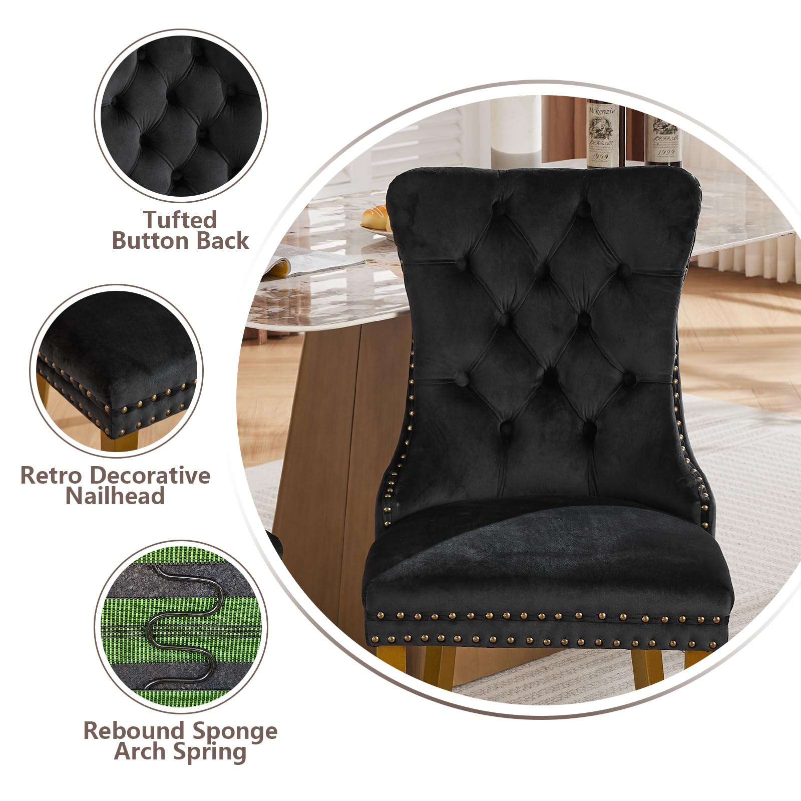 Luxury Velvet Dining Chairs Set of 4 - Modern Tufted Upholstered Kitchen Chairs with Lion Head Pulls & Solid Wood Gold Legs - Elegant Black Dining Room Chairs for Home, Restaurant, Wedding Decor